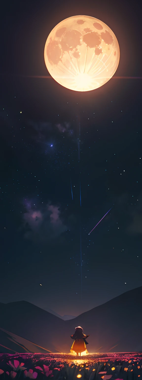 Vast landscape photo, (viewed from below, the sky is above and the open field is below), a girl standing on a flower field looking up, (full moon: 1.2), (meteor: 0.9), (nebula: 1.3), distant mountains , Trees BREAK Crafting Art, (Warm Light: 1.2), (Fireflies: 1.2), Lights, Lots of Purple and Orange, Intricate Details, Volumetric Lighting, Realism BREAK (Masterpiece: 1.2), (Best Quality), 4k, Ultra-Detailed, (Dynamic Composition: 1.4), Very Detailed, Colorful Details, (Rainbow Colors: 1.2), (Glow Lighting, Atmospheric Lighting), Dreamy, Magical, (Solo: 1.2)