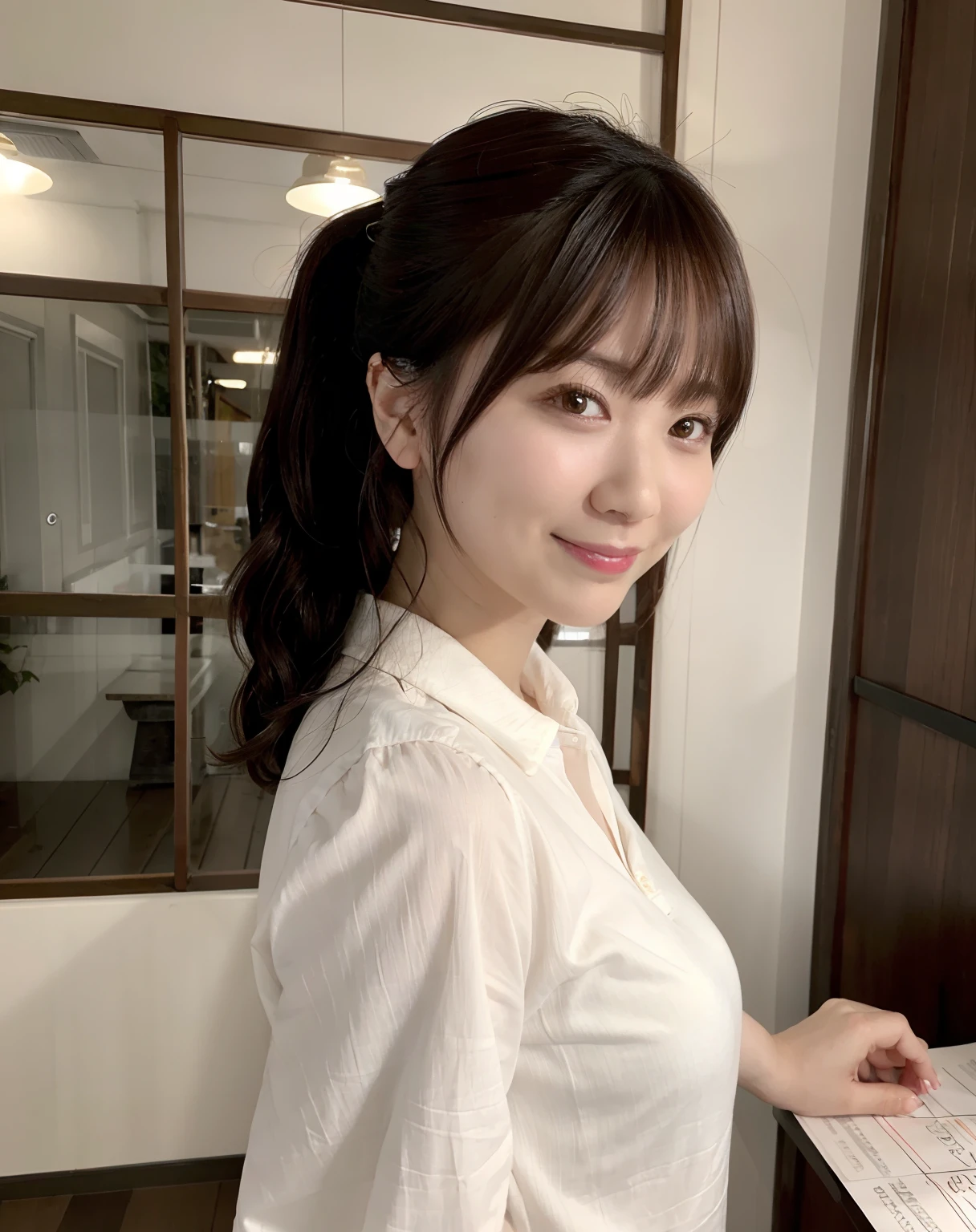 top-quality、Photorealsitic、hight resolution、girl with、校服、A MILF、jpn、poneyTail、frontage、A smile、car park