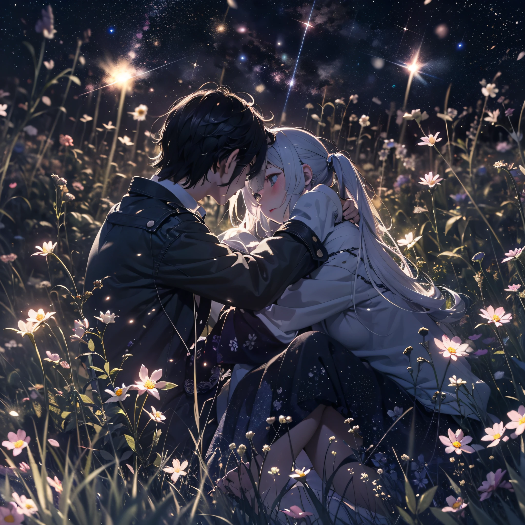 On her knee pillow in a field full of flowers on the plateau he lay with his head,、Looking up at the night sky.、Maybe it's because it's cold., Their breath looks pale white.、The light source is a star in the night sky々Light only、She suddenly turns to him and blushes、A shooting star visible from the position of the head flowed into the night sky.、The area is pitch dark、In the darkness、masutepiece、realisitic、Highly detailed background,Realistic,ultra-detailliert,super detailed skin,light glow,Film grain,Expro II,Lens Flare,Sharpen,cinematic shadow