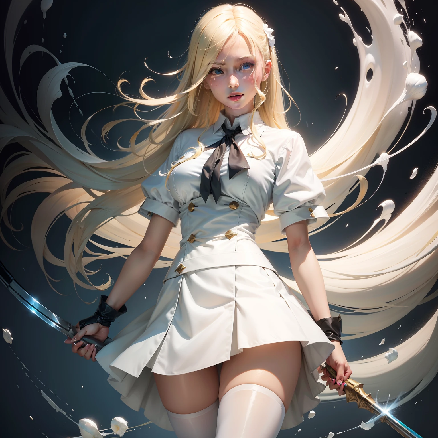 (Excellent image quality+Fresh painting style)Blonde girl,White silk clothing, handheldweapons, a skirt