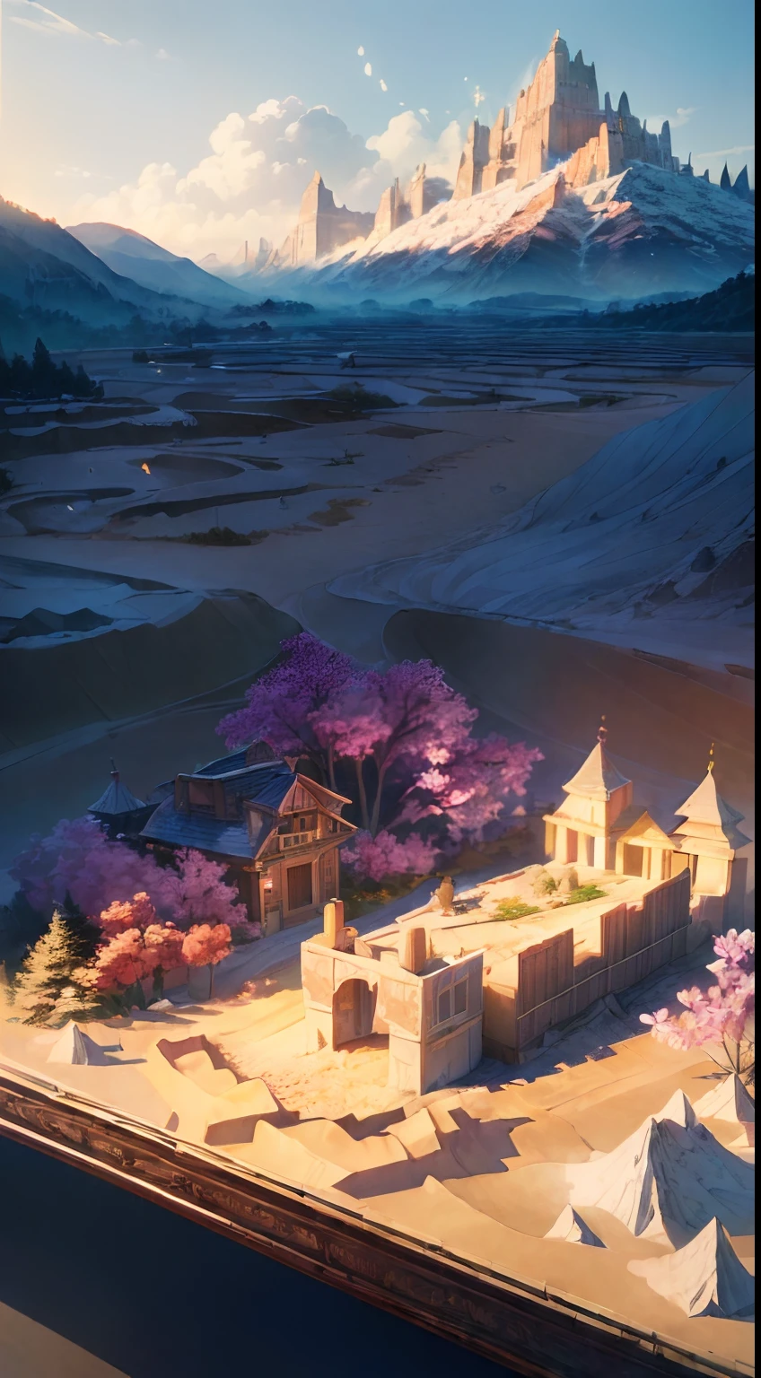 (sandbox:1.4),Movie Angle,(Sun, White clouds, Mountains, ln the forest, rivers),(paper art,Quilted paper art,geomerty),(Extremely colorful, Best quality, Detailed details, Masterpiece, offcial art, movie light effect, 4K, Chiaroscuro),Rose rose,peach blossom,Peonies,Tulip Tuli,