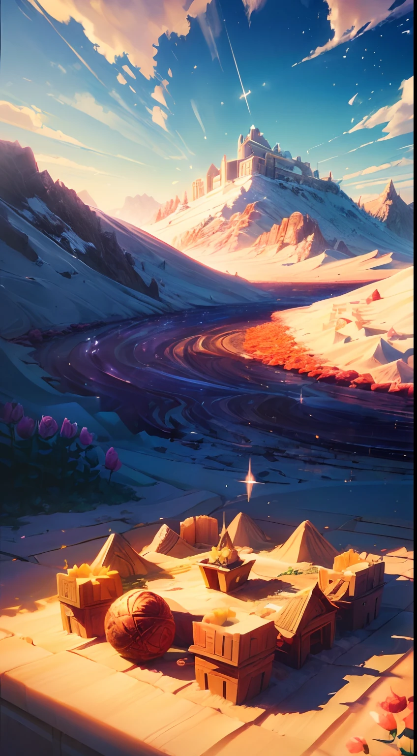 (sandbox:1.4),Movie Angle,(Sun, White clouds, Mountains, ln the forest, rivers),(paper art,Quilted paper art,geomerty),(Extremely colorful, Best quality, Detailed details, Masterpiece, offcial art, movie light effect, 4K, Chiaroscuro),Rose rose,peach blossom,Peonies,Tulip Tuli,