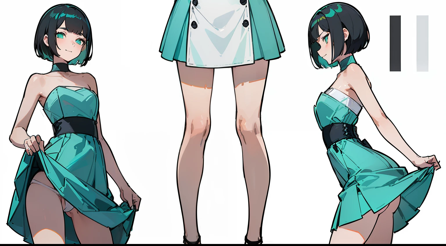 ((Best Quality)) ((Masterpiece)) 1girl, 19 year old, black hair, pixie bob haircut, flirty smirk ((( light turquoise strapless dress ))) (((mini skirt))) ((( lifting skirt ))) ((white thong)) ((slender)) (busty) ((sexy dress)) (((detailed character sheet, frontal view, side view, three quarter view))) (((white background))) 6 and a half heads full body