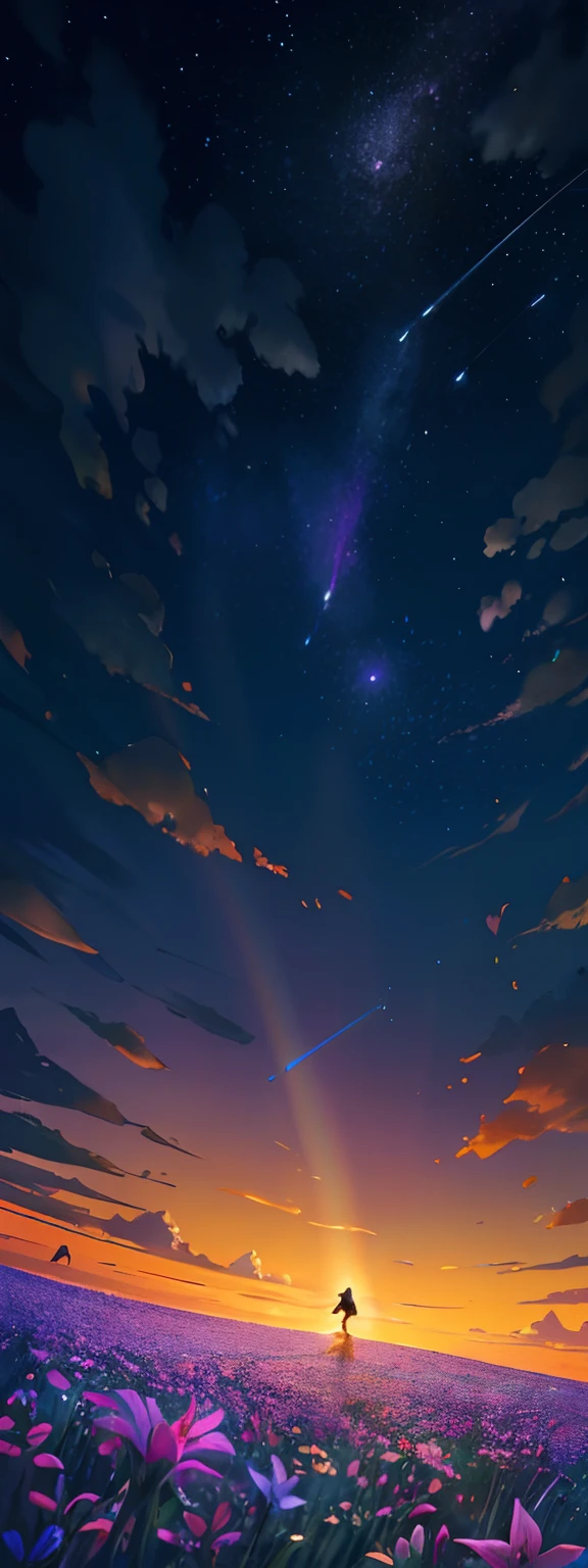 Vast landscape photo, (viewed from below, the sky is above and the open field is below), a girl standing on a flower field looking up, (full moon: 1.2), (meteor: 0.9), (nebula: 1.3), distant mountains , Trees BREAK Crafting Art, (Warm Light: 1.2), (Fireflies: 1.2), Lights, Lots of Purple and Orange, Intricate Details, Volumetric Lighting, Realism BREAK (Masterpiece: 1.2), (Best Quality), 4k, Ultra-Detailed, (Dynamic Composition: 1.4), Very Detailed, Colorful Details, (Rainbow Colors: 1.2), (Glow Lighting, Atmospheric Lighting), Dreamy, Magical, (Solo: 1.2)