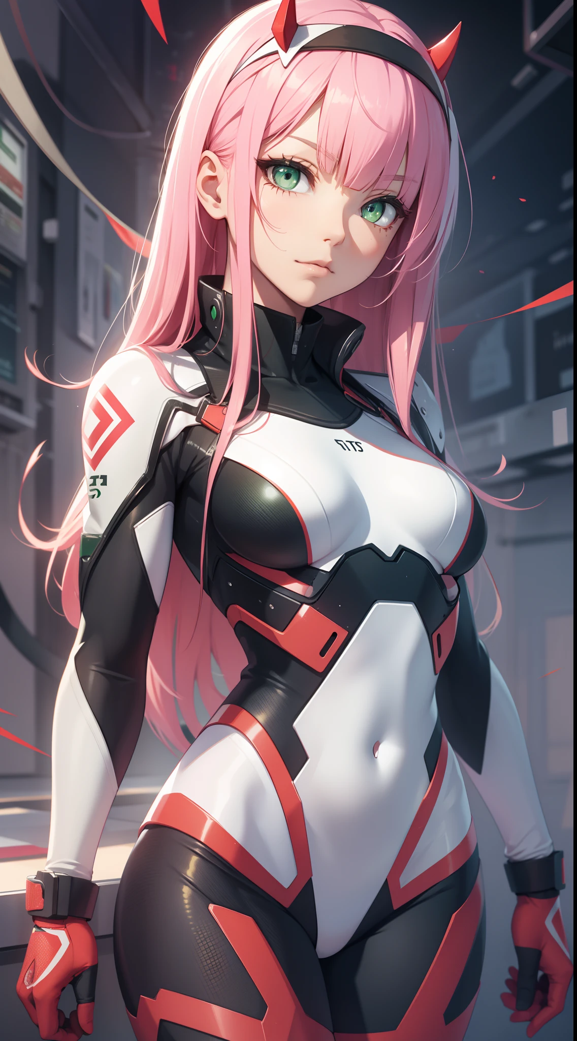 (Masterpiece, Masterpiece), detailed face, detailed body, detailed eyes, anime girl with pink  hair, mecha type outfit, zero two from darling in the franxx, zero two, sexy, accurate, standing seducingly