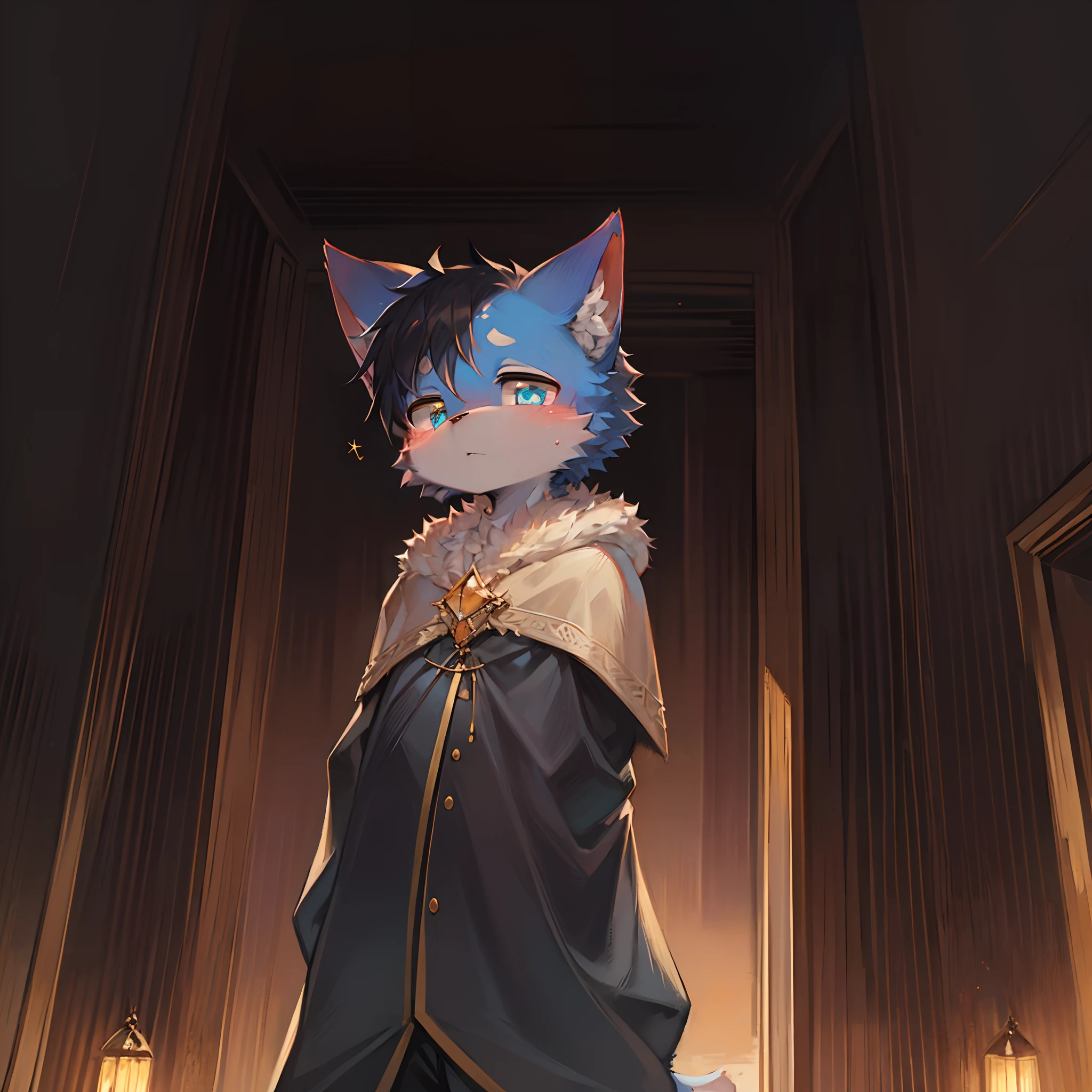 (ambiente dark:0.8),masterpiece,high quality,abstract res,digital painting\(artwork\), by dagasi, yupa,kiyosan,(anthro,fluffy fur,character focus:1.1),anthro male cat,short hair,portrait , Keep your eyes open, in a panoramic view, Character focus.(detailedbackground:0.7), 独奏, shaggy, shaggy male, malefocus, anthr,(Full Body Furry, Fluffy tail, Blue fur, Starry eyes, black color hair:1.2), (long canines、archers、cloaks：1.2），（external、the night、vale、Back gun：1.1）