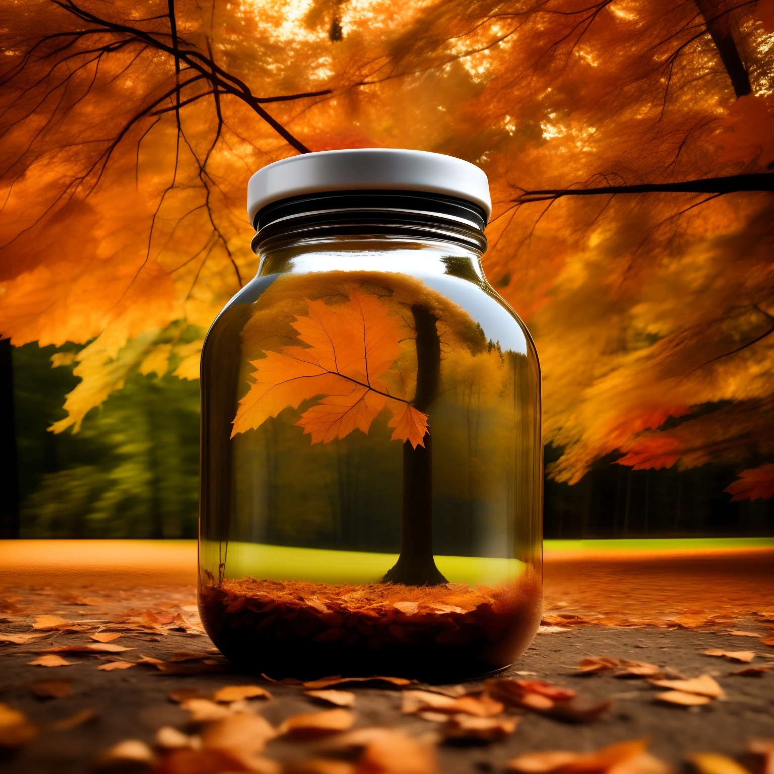 Realistic photo of autumn in bottle