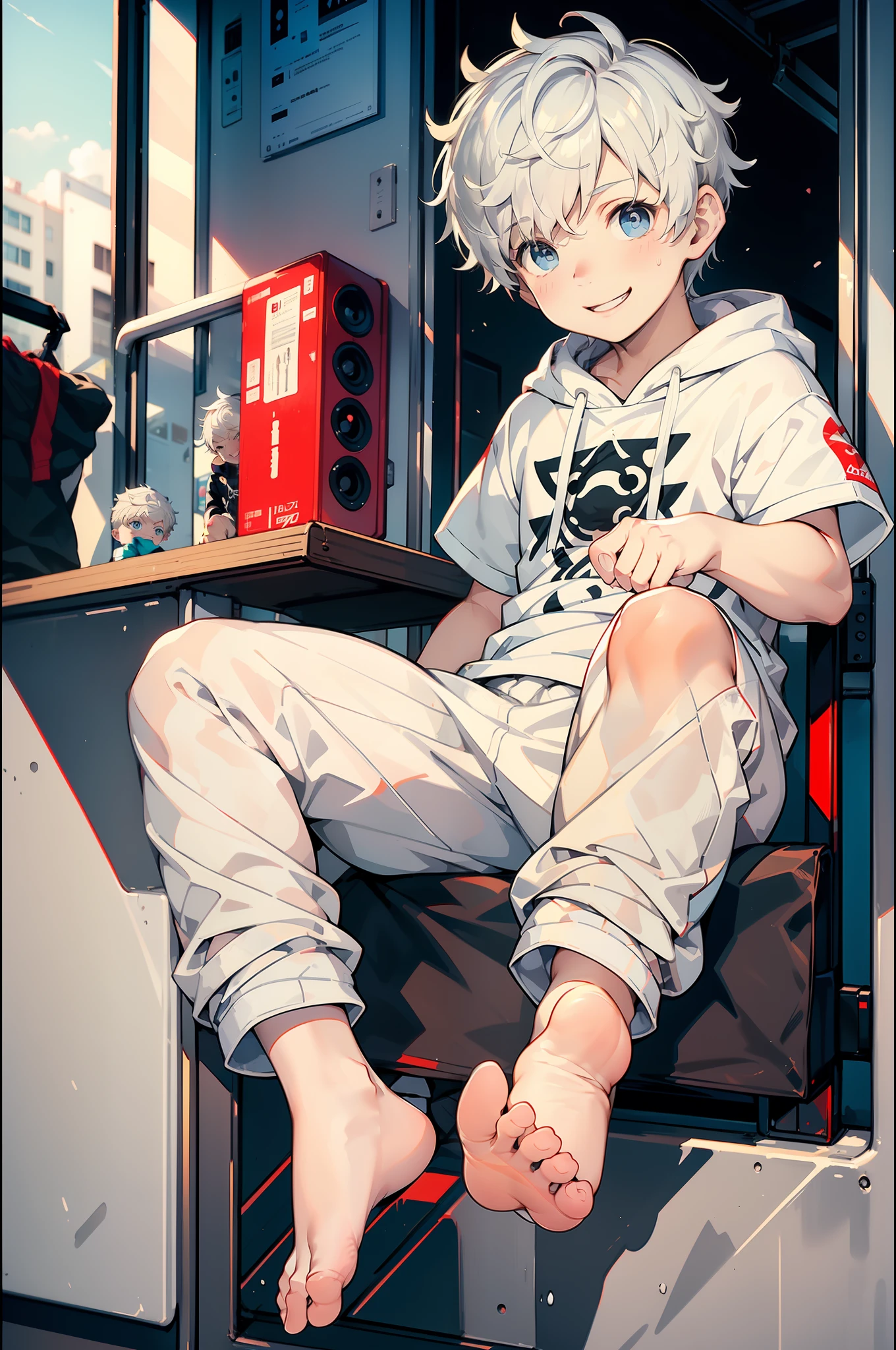 Masterpiece, chubby Little boy with white hair and shiny bright blue eyes and barefoot wearing a hoodie, and oversized sweatpants sitting in a train, young, boy, child, small, toddler, soft light, (sweatpants:1.4), (Boy:1.4), (Shota:1.4), (Young:1.4), (Male:1.4), (smiling:1.4), (foot:1.4), (shy:1.4),