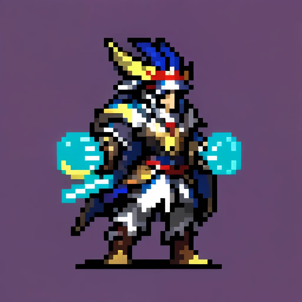 side view, a high tech wizard, indian headdress, feathers, wearing mask, simple background, flat colors, 32-bit, neon colors,