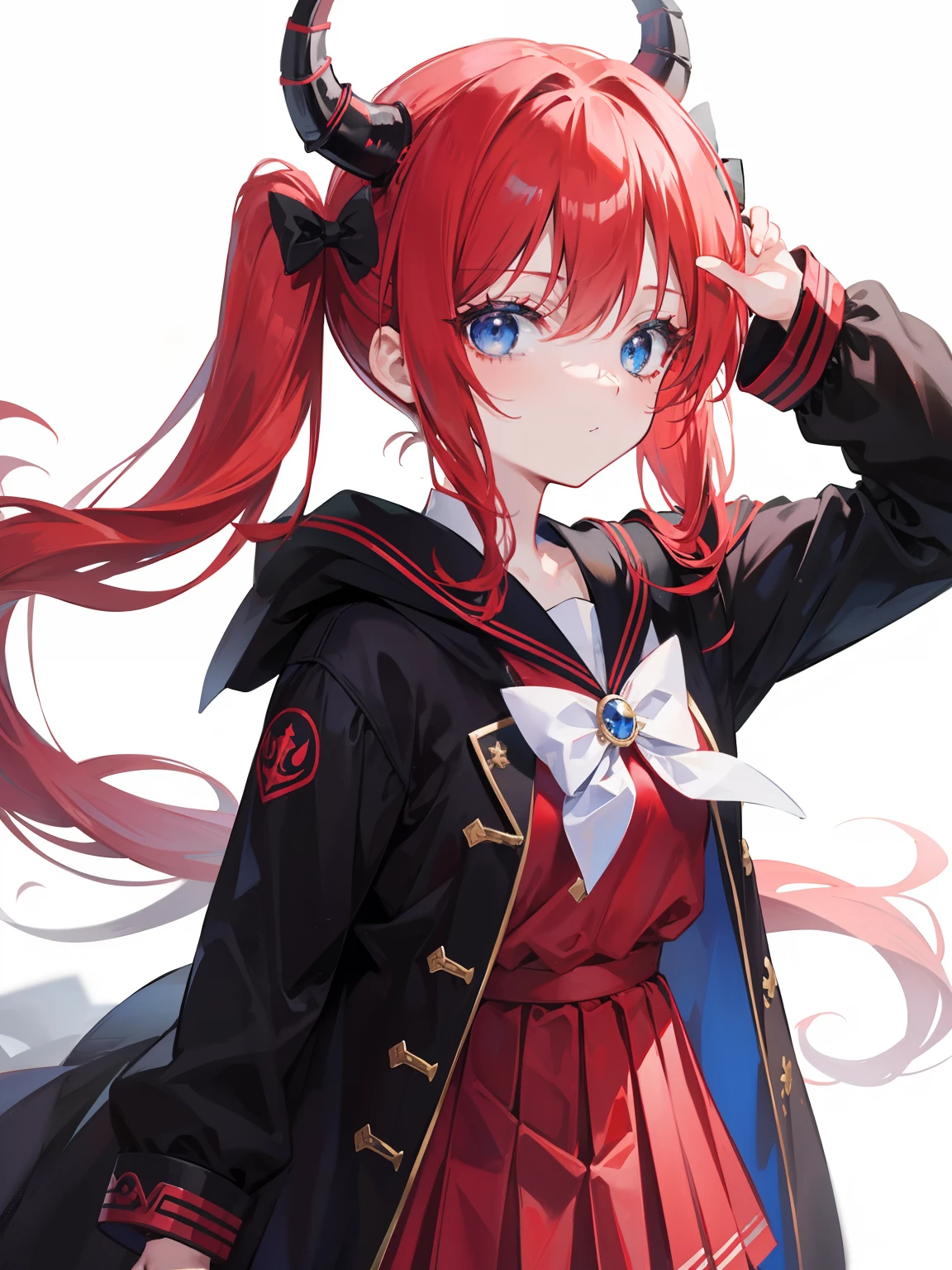 red hair, blue eyes, twintails, Sailor suit,black coat, Dragon horns,Pleated skirt,solo,loli,cute,bow