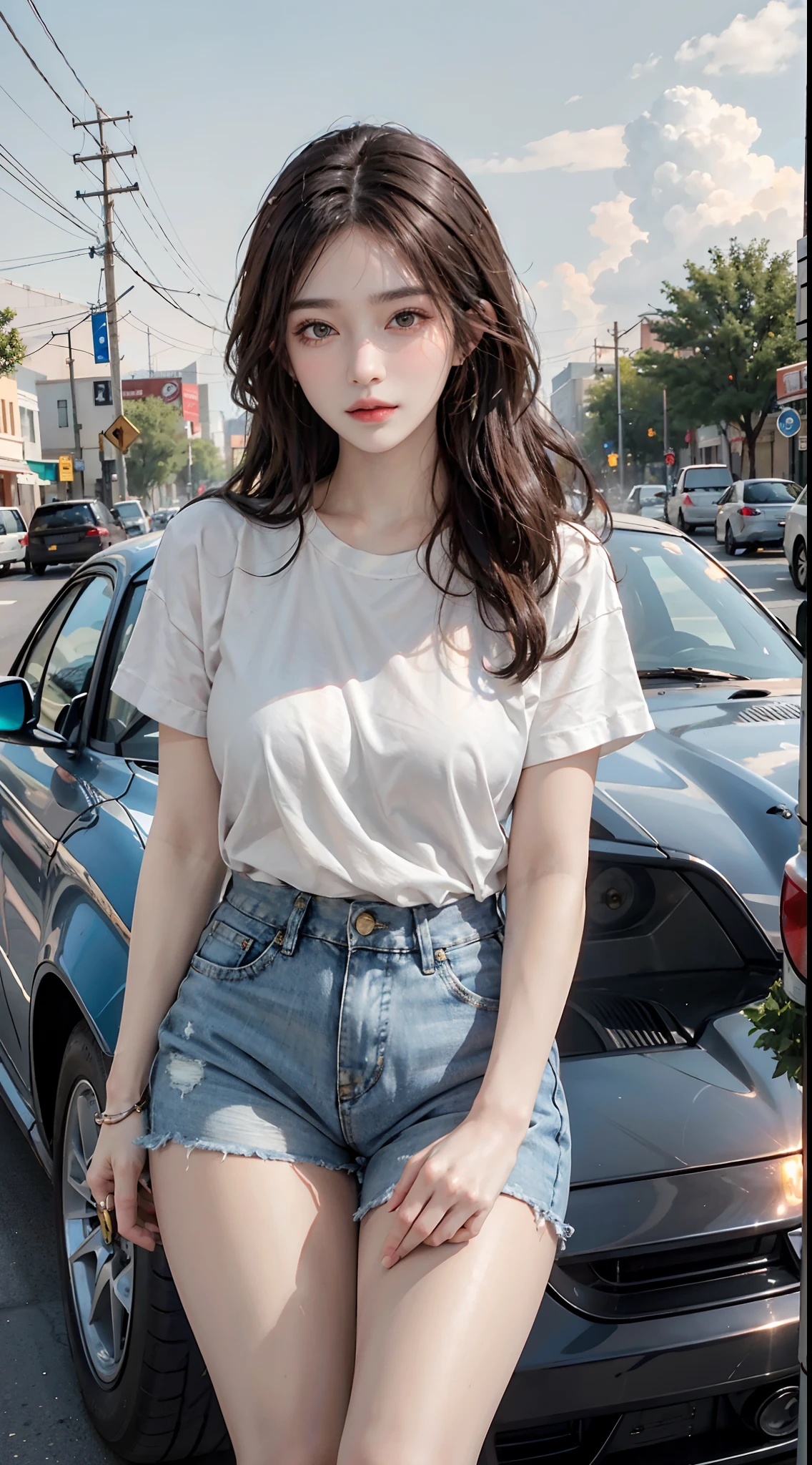 Best quality, masterpiece, super high resolution, (realistic: 1.4), original photo, (evening street), 1 girl, black eyes, looking at the audience, long hair, light makeup, lips, small ears, white t-shirt, denim shorts, earrings, sitting Ferrari, big breasts, slim