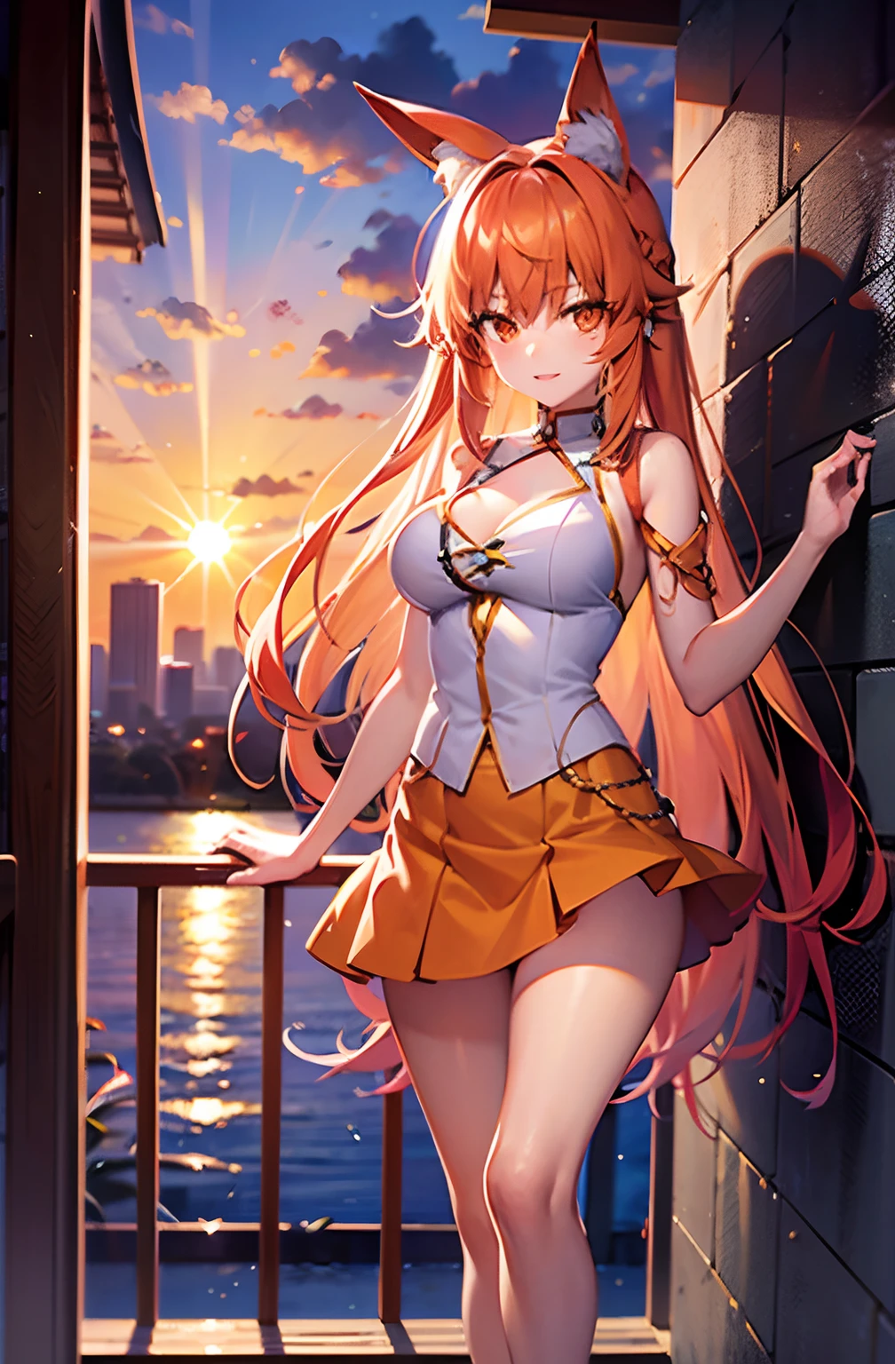 one-girl, orange color hair, extra very long hair, dishiveredhair, Orange eyes,Short orange skirt, long leges,naked leg, the setting sun, Country romanticism, hyper HD, Super detail, High details, Best quality, ccurate