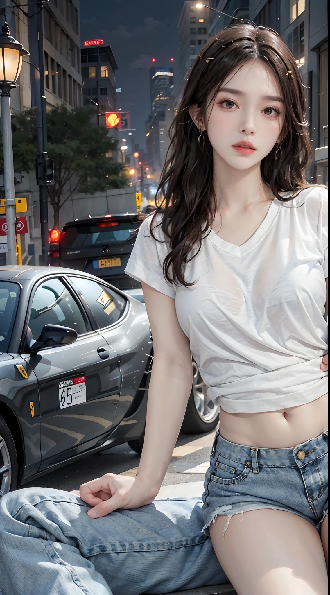 Best quality, masterpiece, super high resolution, (realistic: 1.4), original photo, (evening street), 1 girl, black eyes, looking at the audience, long hair, light makeup, lips, small ears, white t-shirt, denim shorts, earrings, sitting Ferrari, big breasts, slim