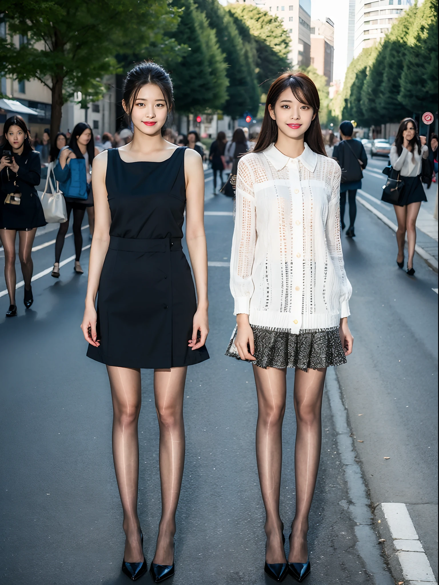 ,(RAW photo:1.2), (Photorealistic:1.4),Beautiful Meticulous Girl, very detailed eyes and faces, Beautiful detailed eyes, ultra - detailed, A high resolution, The is very detailed，best qualtiy，illustratio，unified，8k 壁纸，tmasterpiece，best qualtiy，Street 1 girl，Hosiery，shift dresses，Fashionab，a skirt，solo person，exteriors，long whitr hair，shift dresses，high-heels，looking at viewert，are standing，full bodyesbian，Black tights，a black skirt