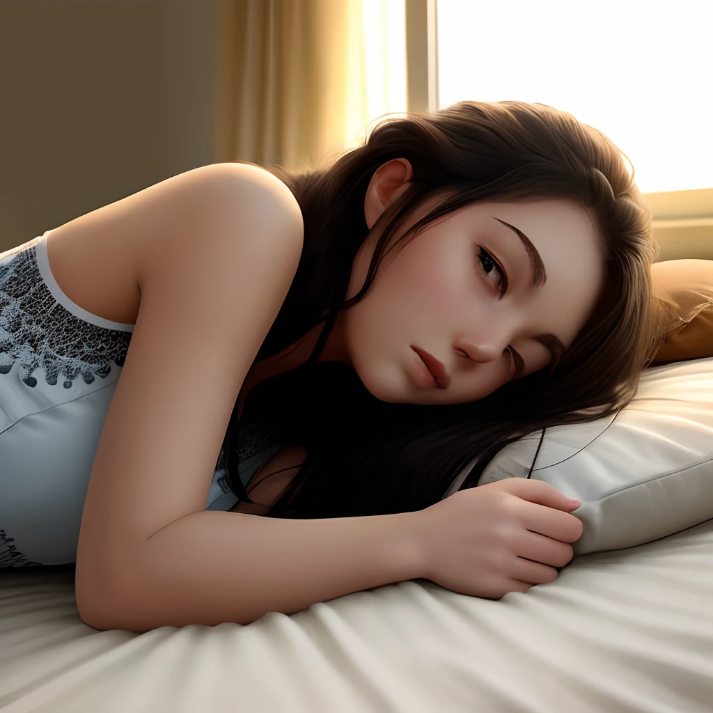 Cute  in an imagined bed, with a thinking face, 4k behind her, a window with a landscape