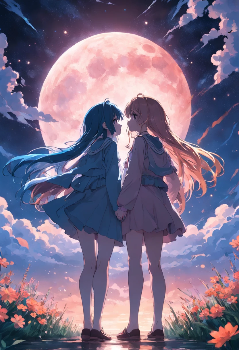 dream colors,tmasterpiece,the detail,starryskybackground,Clouds,Light and shadow effects,film effect,Rich in color,((A couple)),Embrace each other,((((puss)))),Mouth-to-mouth,Made,Petals rained down,Full moon night,Blooming with flowers,blurryforeground,Depth of field effect,A half body