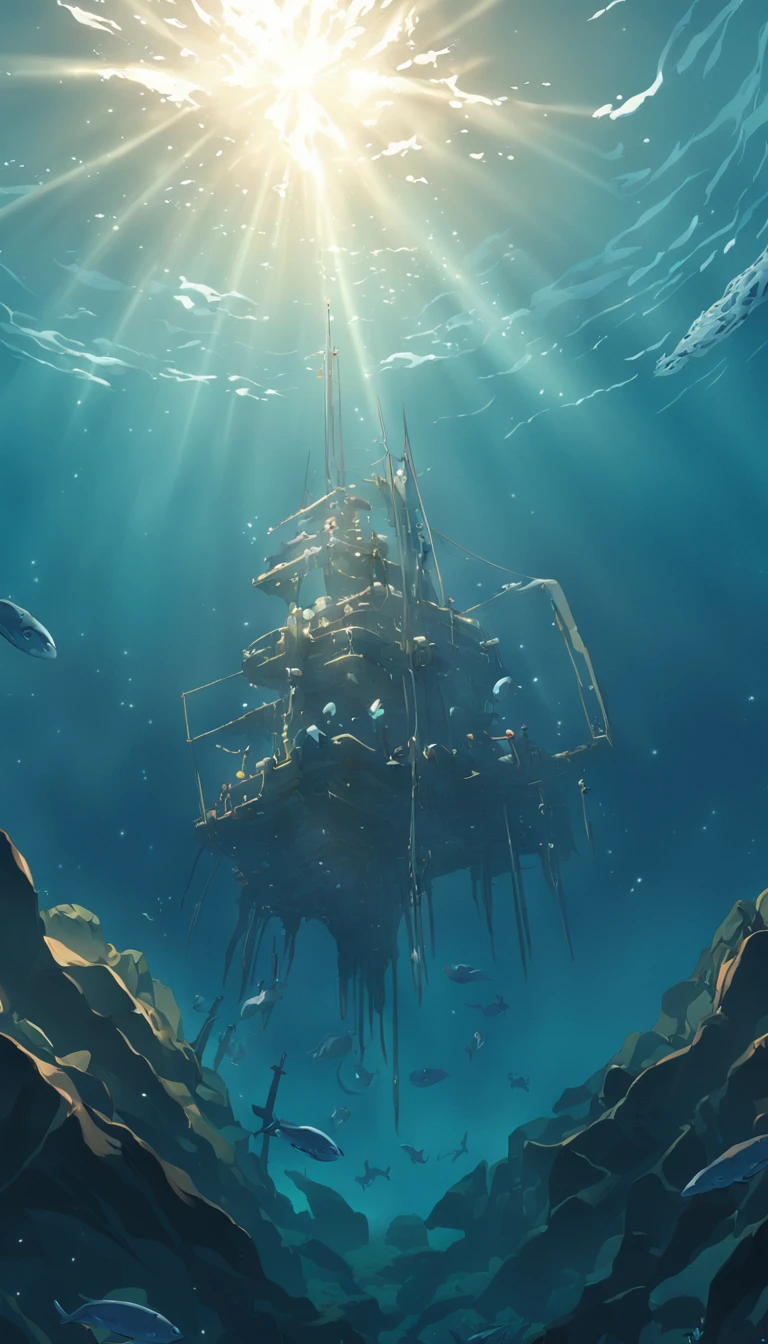 ((a CHROME ANCHOR stuck at the bottom of a DEEP Ocean floor)) shafts of sunlight filtering through the ocean's surface, illuminating the hidden world beneath, create a captivating underwater scene. vertical panorama, Ultra Wide View. UHD, masterpiece, award winning photo
