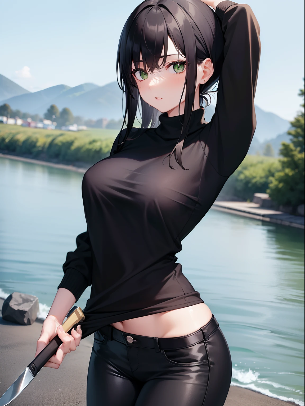 Girl, black hair, green eyes, black sweater, tight pants, knife in hand, wet, in front of a river