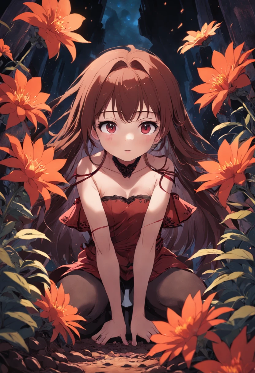 Reddish-brown flowers,Open on black dirt