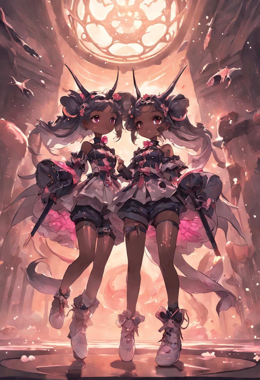 "Twins engaging in an epic battle, wielding fish-shaped weapons, sporting stylish shorts and tunics, with voluminous hair, nekominis, unique egg accessory, beautiful dark skin tone, creating a captivating 3D-rendered masterpiece with the surreal "Sabattier effect", surrounded by an echoing atmosphere, adorned with elegant horns, exuding immense cuteness in a gothic ta style."