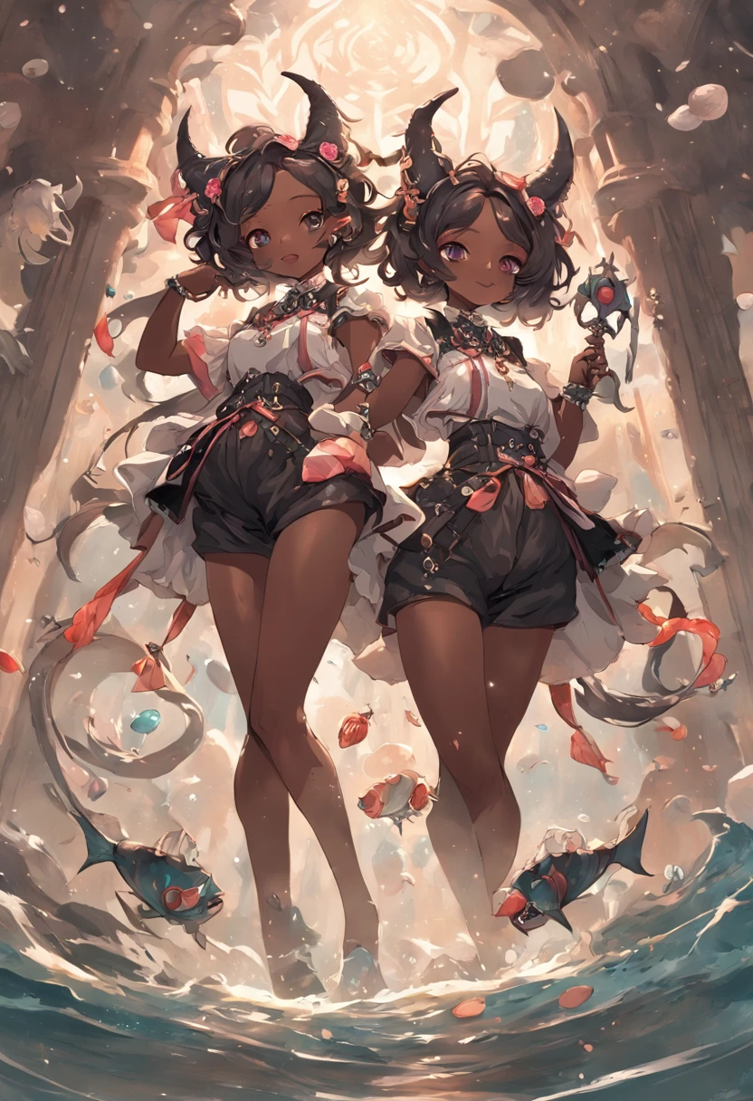 "Twins engaging in an epic battle, wielding fish-shaped weapons, sporting stylish shorts and tunics, with voluminous hair, nekominis, unique egg accessory, beautiful dark skin tone, creating a captivating 3D-rendered masterpiece with the surreal "Sabattier effect", surrounded by an echoing atmosphere, adorned with elegant horns, exuding immense cuteness in a gothic ****ta style."