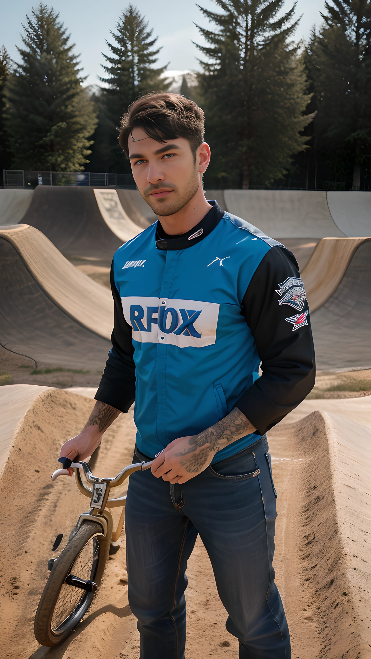 Hyper realistic image of an athletic looking Caucasian man dressed biker uniform. ((The uniform Blue Fox Racing Sports whit Logos: 1.2)). The character should have detailed skin texture, well-defined hands, and hazel eyes that reflect realism. His face should show symmetry in his physical features, and seductive smile, casual hairstyle, detailed finger nails, beautiful teeth, extremely detailed. When standing, the lighting in the scene should be natural and realistic, with a american shot that shows the character centered in the frame, (looking directly at the viewer: 1.9) (Face directly at the viewer: 1.9), (challenging gaze). ((Also, make sure his entire body is facing the viewer to create a sense of connection: 1.9)).
(Fund of a BMX track: 1.6)
detailed background, real-life lighting,