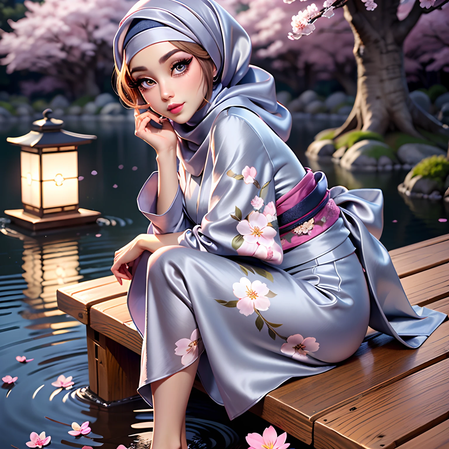 Masterpiece, Best Quality, 3D Rip Artwork, 3DMM Style, Close-up, Portrait, Realism, a woman beautifully makeup, eyeshadow, Parted Lips, Challenge Eye, beautiful big eyes, long eye lashes, wearing ((gray satin headscarf)), loosely tide hijab style, ((nude floral satin kimono)), satin long maxi skirt, sitting on a wooden bench in the centre of Japanese garden, springtime, Cherry blossoms, moonlight, shining water surface, Scattering cherry blossom petals、Lamp light、 lake