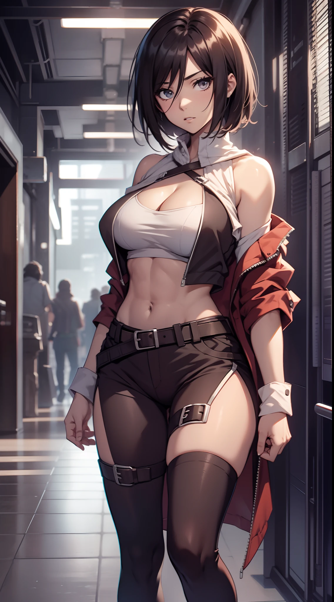 Mikasa_ackerman,solo person,byself,Off-the-shoulder clothing,muscline,cleavage,nabel,open waist,Abs,Vest line,Off-the-shoulder attire,full body