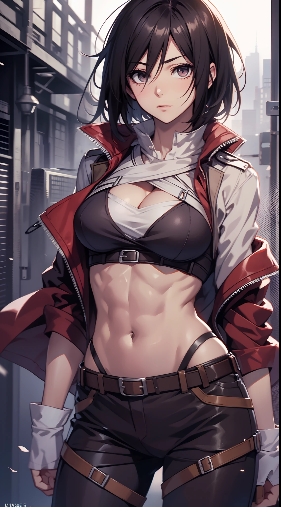 Mikasa_ackerman,solo person,byself,Off-the-shoulder clothing,muscline,cleavage,nabel,open waist,Abs,Vest line,Off-the-shoulder attire,full body