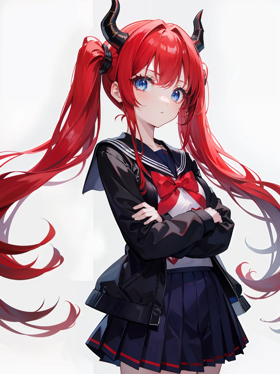 red hair, blue eyes, twintails, Sailor suit,black coat, Dragon horns,Pleated skirt,solo,li,cute,bow