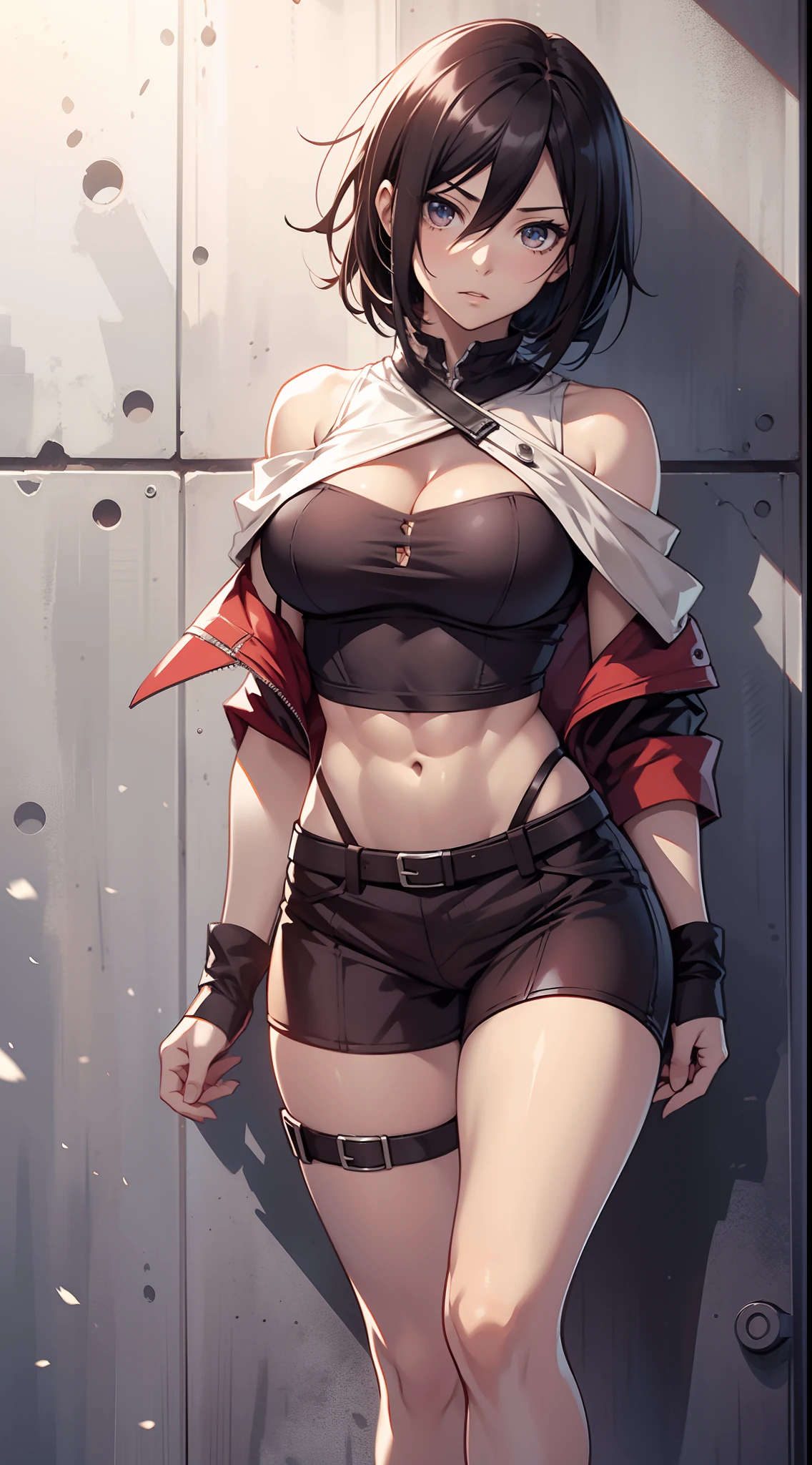 Mikasa_ackerman，solo person，byself，Off-the-shoulder clothing，muscline，cleavage，nabel，open waist，Abs，Vest line，Off-the-shoulder attire，full body