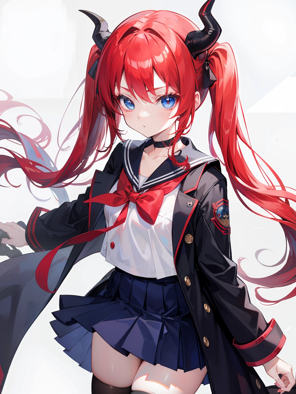 red hair, blue eyes, twintails, Sailor suit,black coat, Dragon horns,Pleated skirt,solo,****,cute,bow