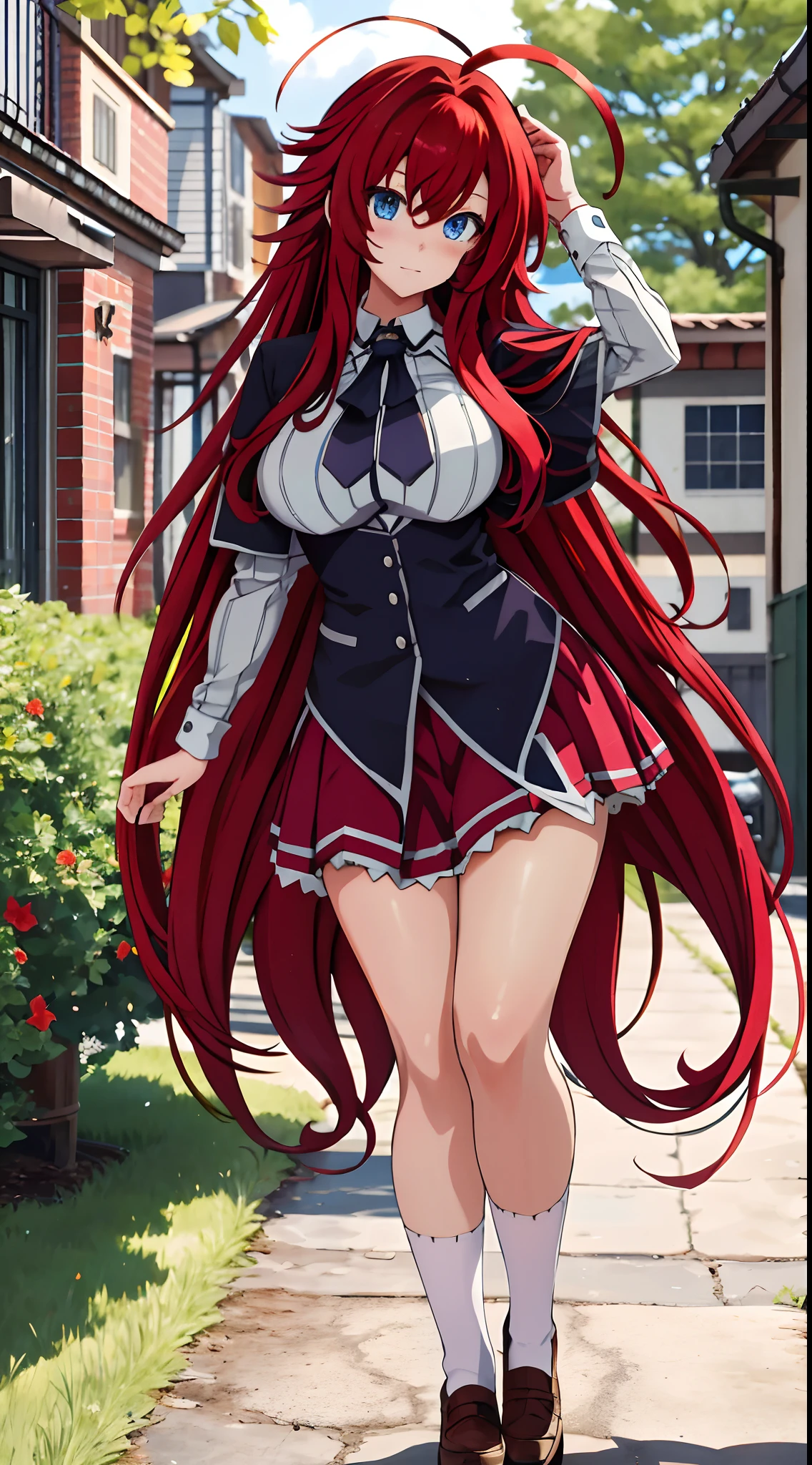 masterpiece, best quality, highres, best quality, highres, rias gremory, 1girl, long hair, school uniform, red hair, ahoge, blue eyes, large breasts, very long hair,  medicbreasts, skirt, , socks, standing, outdoors,