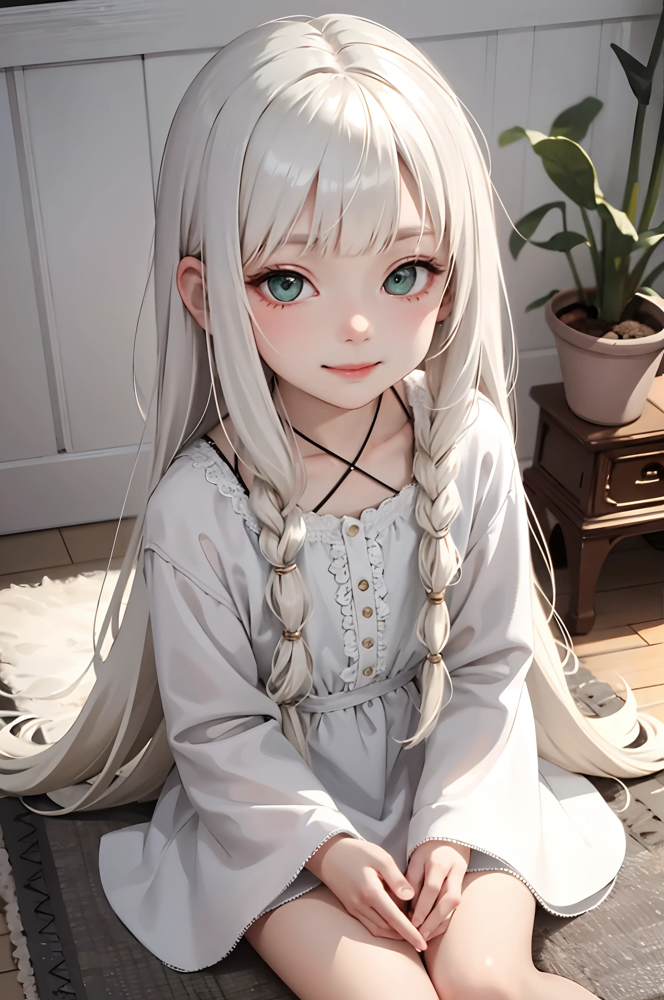 (masterpiece:1.2, best quality), (real picture, intricate details), 1little girl, solo, full body, sitting, casual, long hair, minimal makeup, natural fabrics, close-up face, smile, home, child, , cute child, innocent, small body, tiny child, petite little girl, cute face, naive, long light platinum blonde hair, bangs, green eyes, happy, SFW.