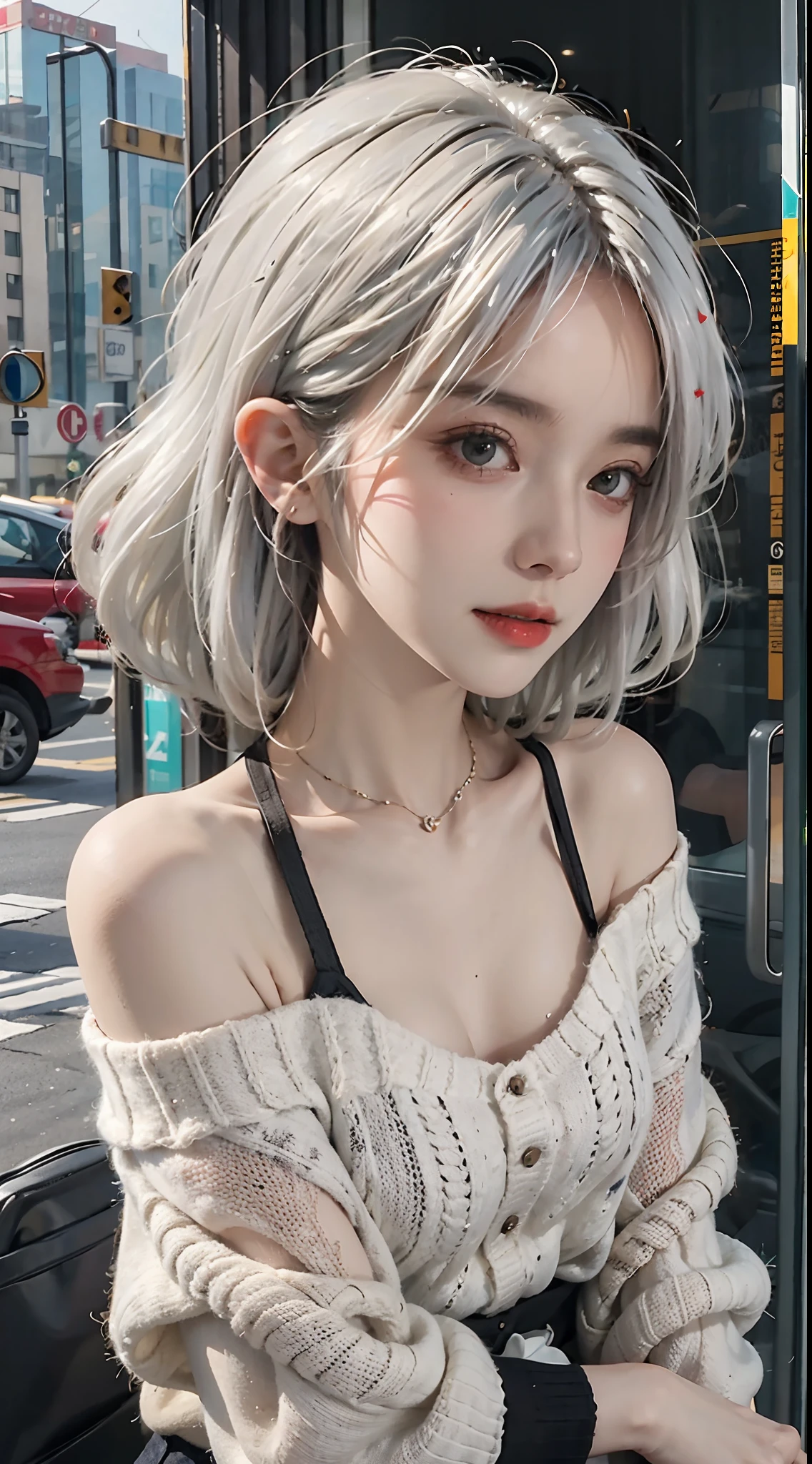 mid-shot, a beautiful woman looking into camera, white hair, off shoulder sweater by Chris Foss autumn lights