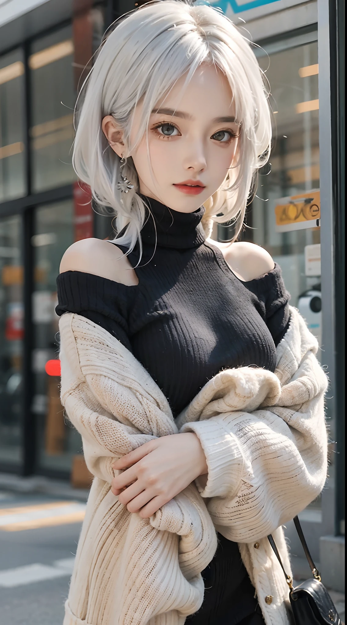 mid-shot, a beautiful woman looking into camera, white hair, off shoulder sweater by Chris Foss autumn lights