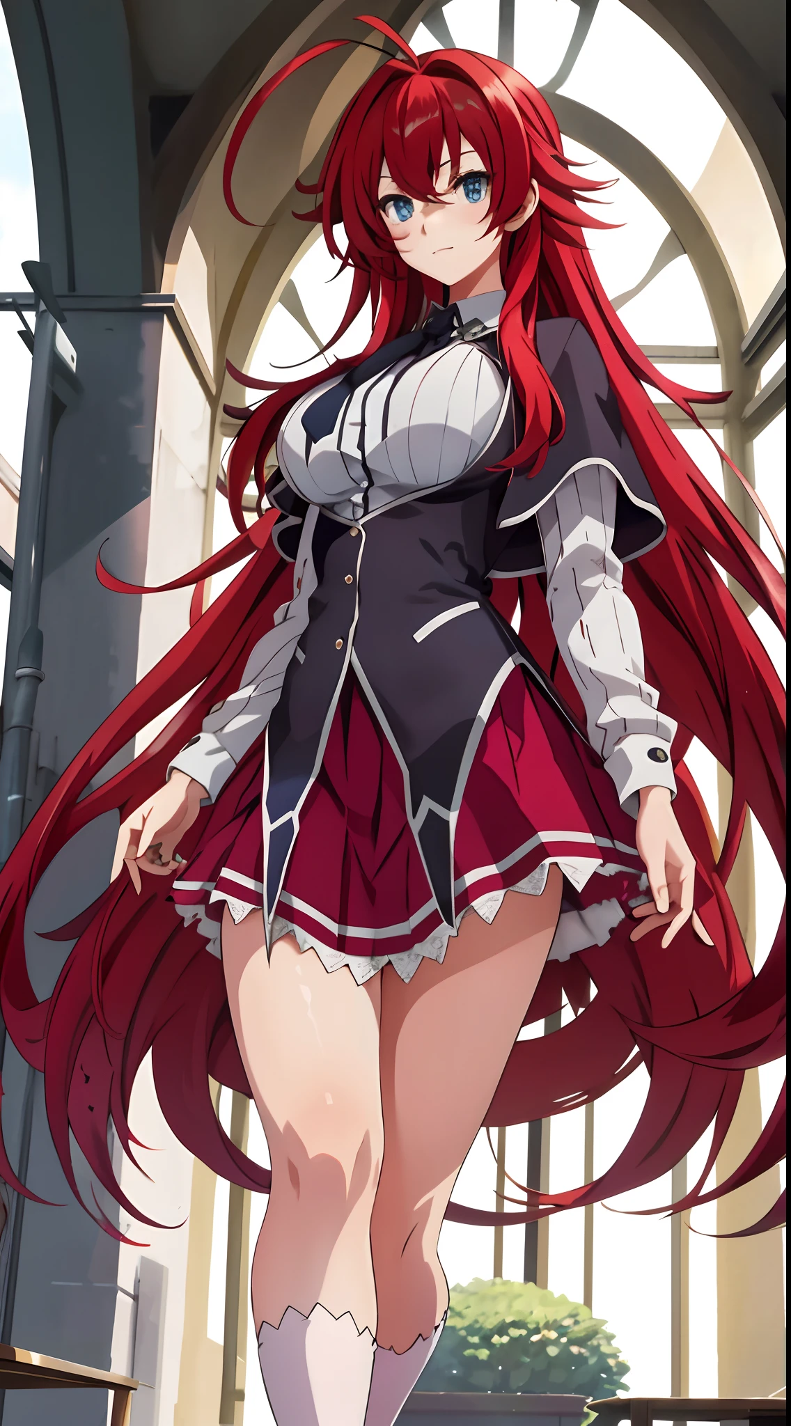 masterpiece, best quality, highres, best quality, highres, rias gremory, 1girl, long hair,unbottened school uniform, red hair, ahoge, blue eyes, large breasts, very long hair, breasts, skirt, huge ahoge, garterbelt with stocking, outdoors, standing, spread legs, (skirt lift:1.3), (black thong:1.1), smile,