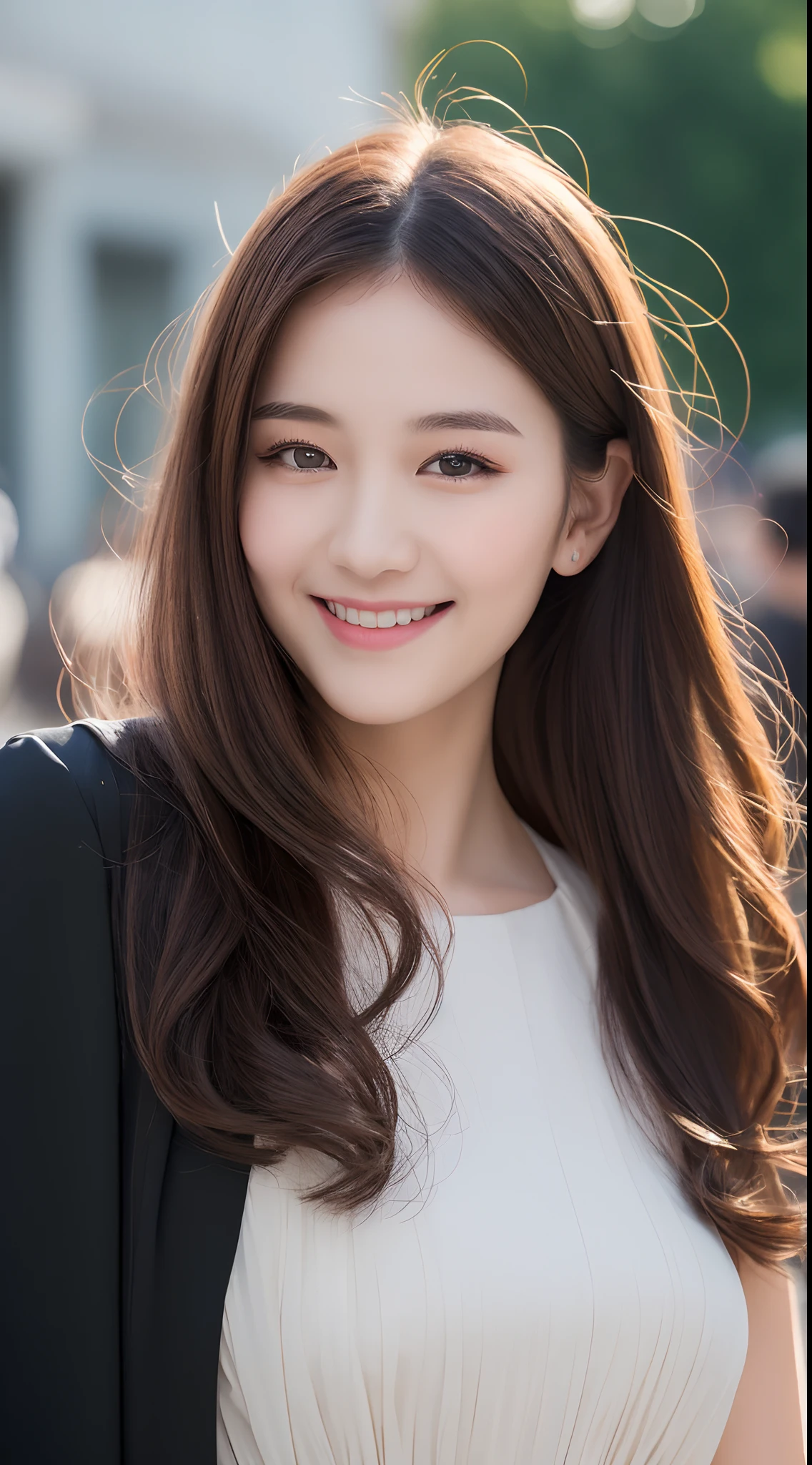 ((Best quality, 8k, Masterpiece :1.3)), 1girl, smiling, full body, slim face, Pretty woman, (Dark brown hair), full length dress :1.1, Ultra-detailed face, Detailed eyes, Double eyelid, blur background, slim face, city, outside, street,