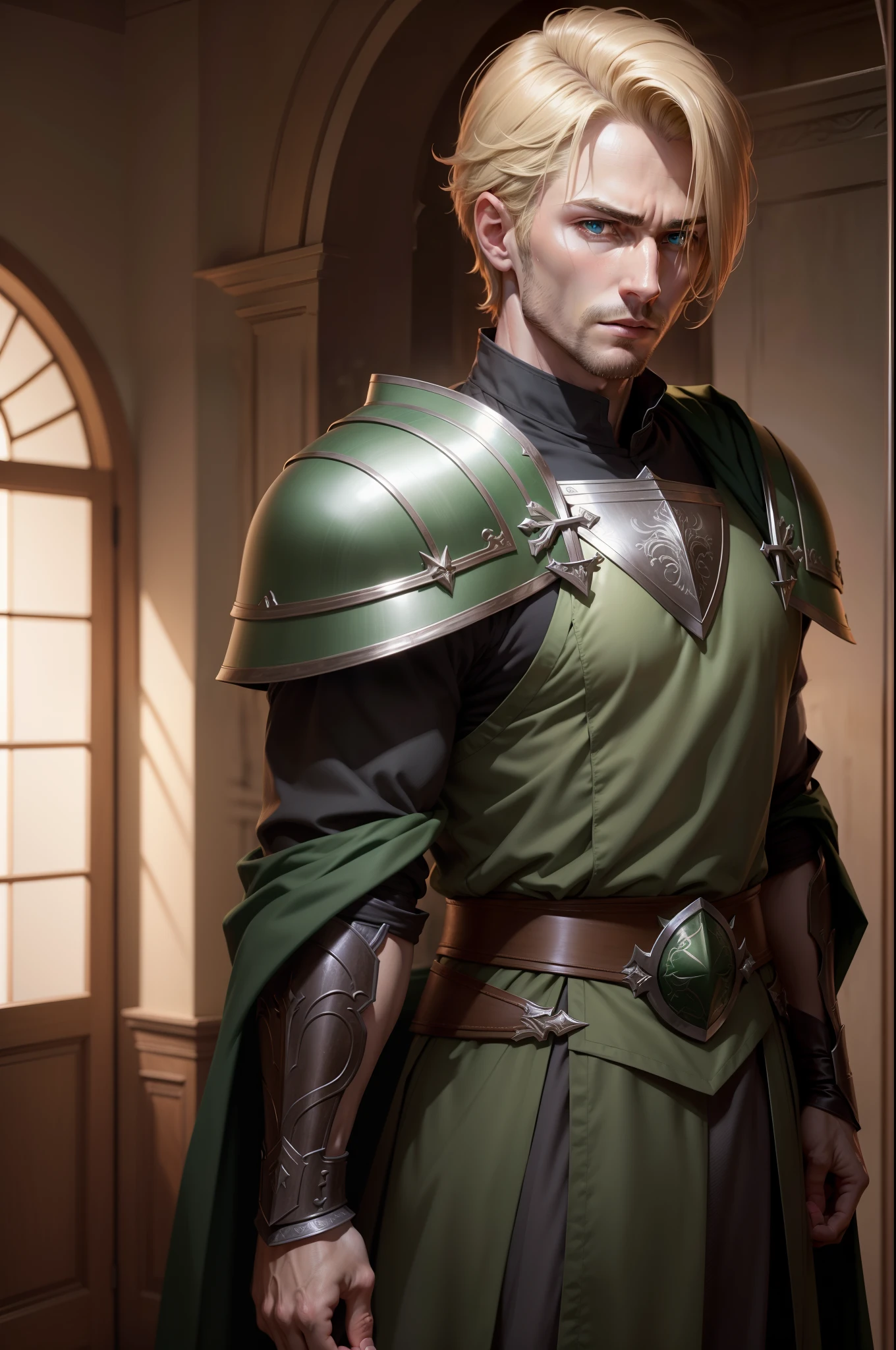 realistic and 8k image of a handsome man in his 30s, blond with short hair, strong, extremely detailed green eyes, dressed in dark cleric clothes and with dark green shoulder pads rpg warrior style, expression of assent, standing in a living room interrogation, anime style artwork
