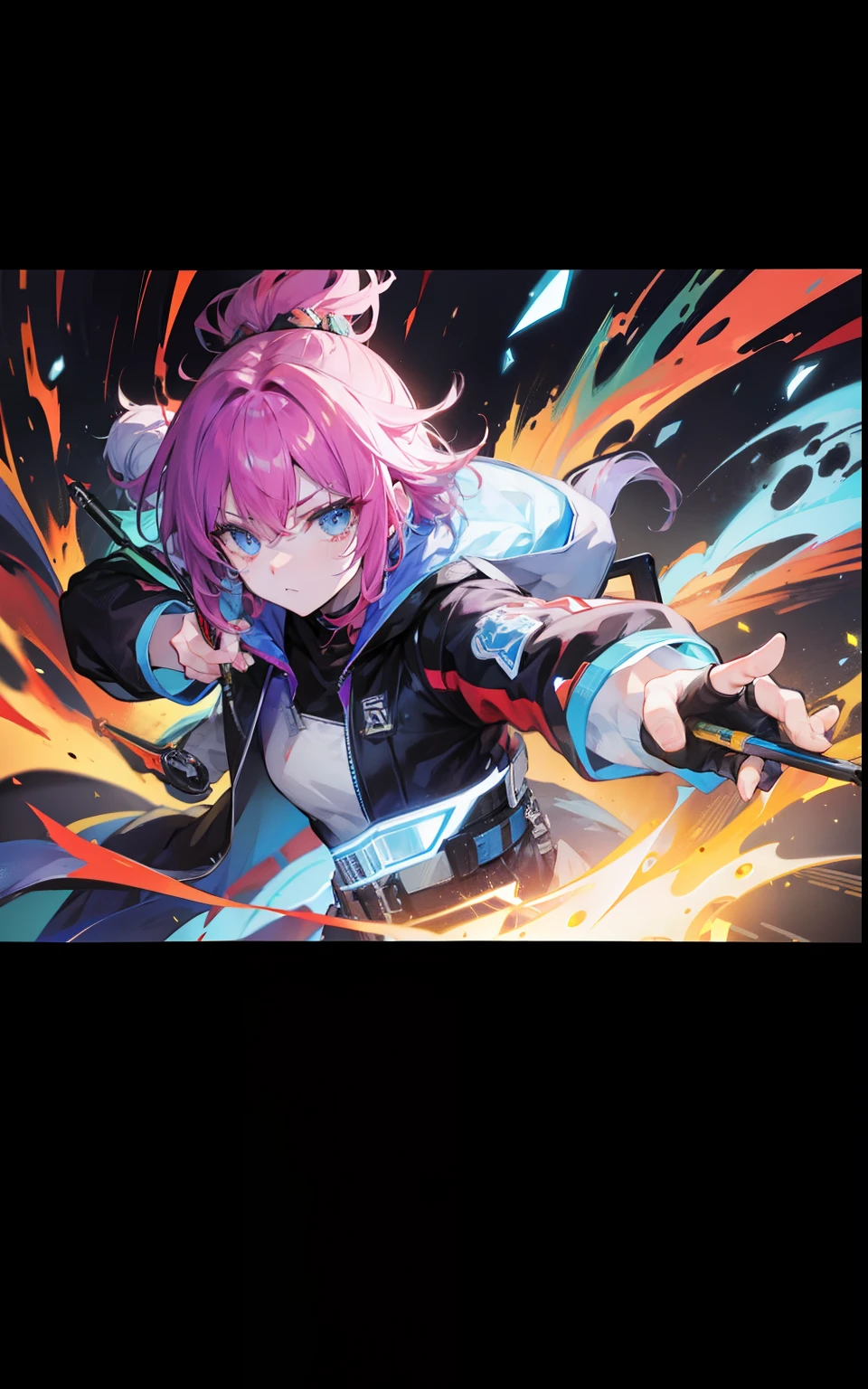 Colorful male powerhouse with pen as weapon