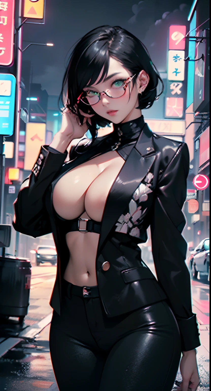 cute girl,(((1girl))),((anime girl with extremely cute and beautiful black hair walking seductively down the street)),
(Large breasts:1.4),(((black hair:1.35,colored inner hair,ear breathing,large hair,tomboy haircut))),((green eyes,perfect eyes,upturned eyes:1.3,beautiful detailed eyes,finely detailed beautiful eyes:1,big highlight on eyes:1.2,slanted eyes)),((fat)),((lustrous skin:1.5,bright skin: 1.5,skin tanned,shiny skin,very shiny skin,shiny body,plastic glitter skin,exaggerated shiny skin))),(spider lower abdomen,narrow waist,wide hip,athletic body,inflated legs,delicate detailed fingers,detailed body,detailed arms,human hands,(detailed face)),
cute,slutty,seductive,erotic,(((nsfw))),
((((glasses)))),(((wearing white formal blazer,black formal pants,))),(((huge cleavage))),(detailed outfit,detailed clothes),
(dynamic pose:1.0),solo focus,embarrassed,centered,scale to fit dimensions,Rule of thirds,
outdoors,((night view)),(very pretty city neon synthwave,cyberpunk night street Background:1.5,dark sky,thick clouds),future vehicles,((neon lights)),thick clouds,(cyberpunk style,neon lights, (synthwave theme background), lonely street),(((detailed background:1.25))),
(best quality),(high resolution),(sharp focus),(ultra detailed),(extremely detailed),(extremely high quality artwork),8k_wallpaper,(extremely detailed CG 8k),(very fine 8K CG),((hyper super ultra detailed perfect piece)),flawless,(((masterpiece))),illustration,vibrant colors,(intricate),High contrast,Selective lighting,Double exposure,HDR (High Dynamic Range),Post-processing,Background blur,