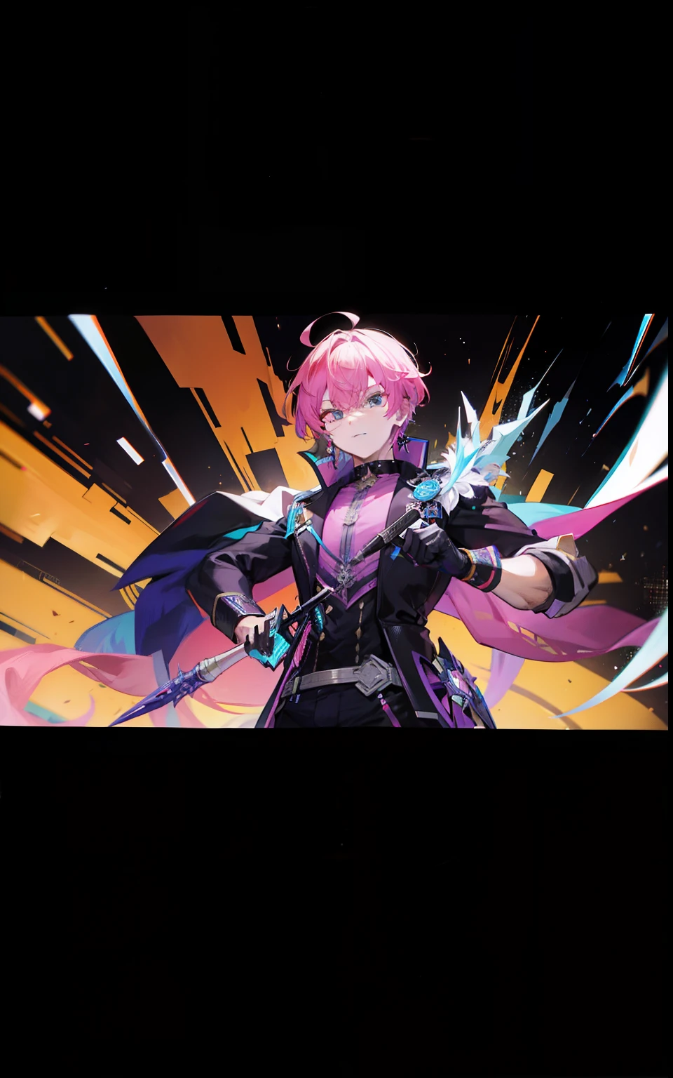 Colorful male powerhouse with pen as weapon