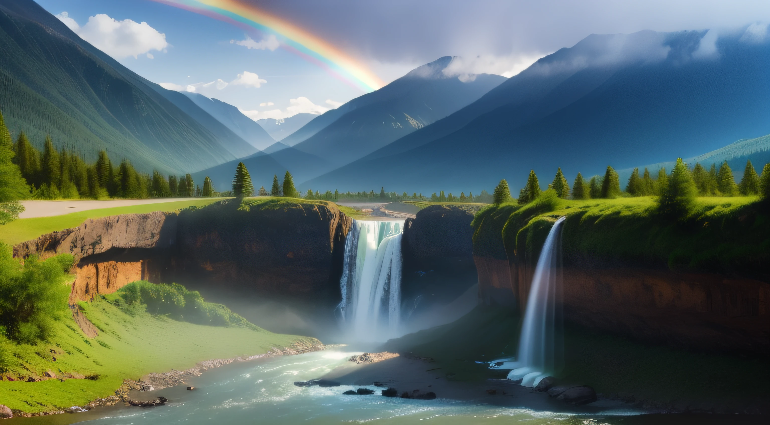 High mountains and flowing water,waterfallr,rainbowing,suns,fog atmosphere