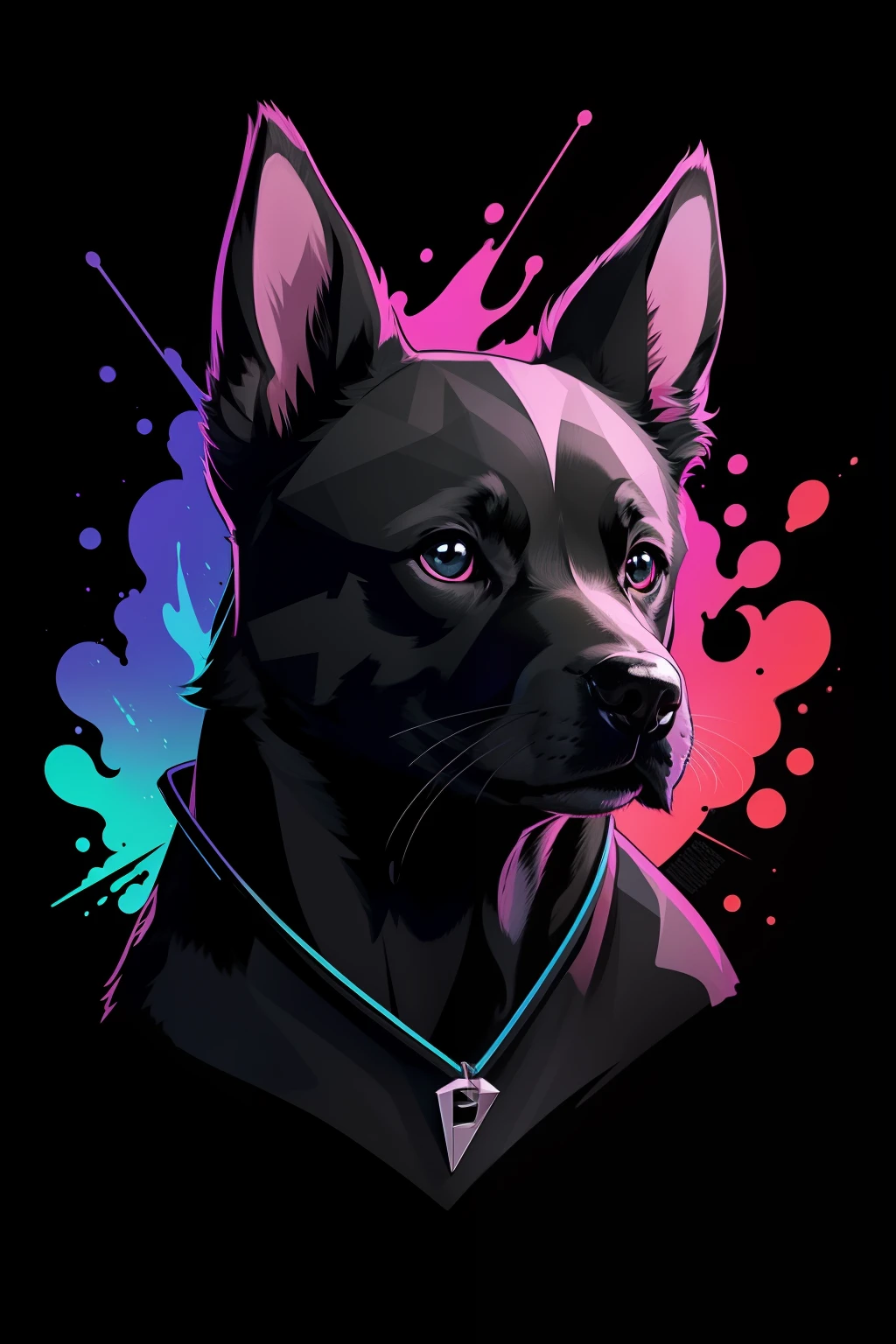 colorful logo, minimalist logo illustration of vector art of a black puppy head, wearing a headphone, ears down, front facing, magic, sharp design, smooth, monochromatic colorful, dark magic colorful paint splash, t-shirt design, in the style of Studio Ghibli, The design should be in vector art, showcasing the dog. Use Adobe Illustrator to craft the logo with crisp lines and a simple yet captivating look. Keep the design centered on the dog eyes, capturing their uniqueness and charm. The logo should evoke a sense of sophistication and tranquility. Emphasize a low-poly style to add a touch of uniqueness to the whiskers. The overall aesthetic should be sleek and stylish, making it suitable for branding and logo purposes, black background