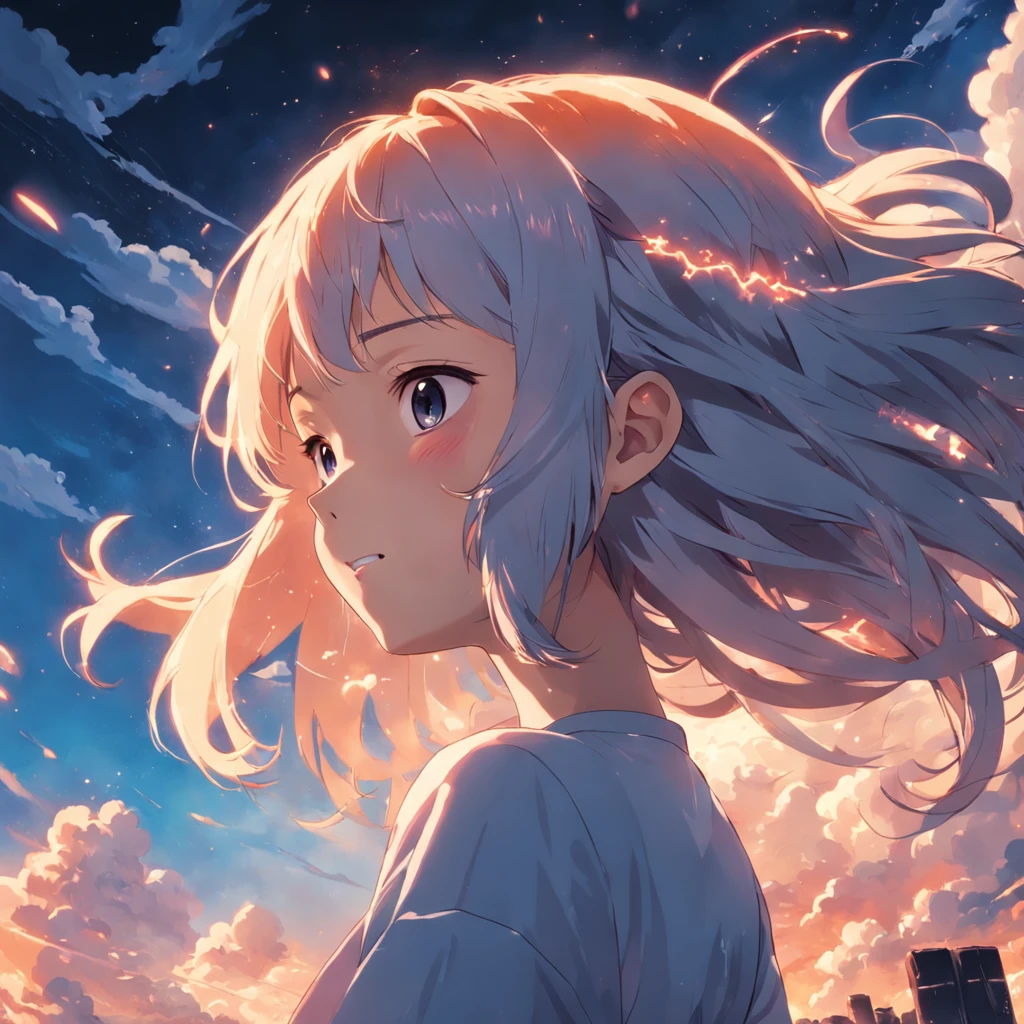 masterpiece, best quality, movie still, 1girl, cloud girl, floating in the sky, close-up, bright, happy, warm soft lighting, sunset, (sparks:0.7)