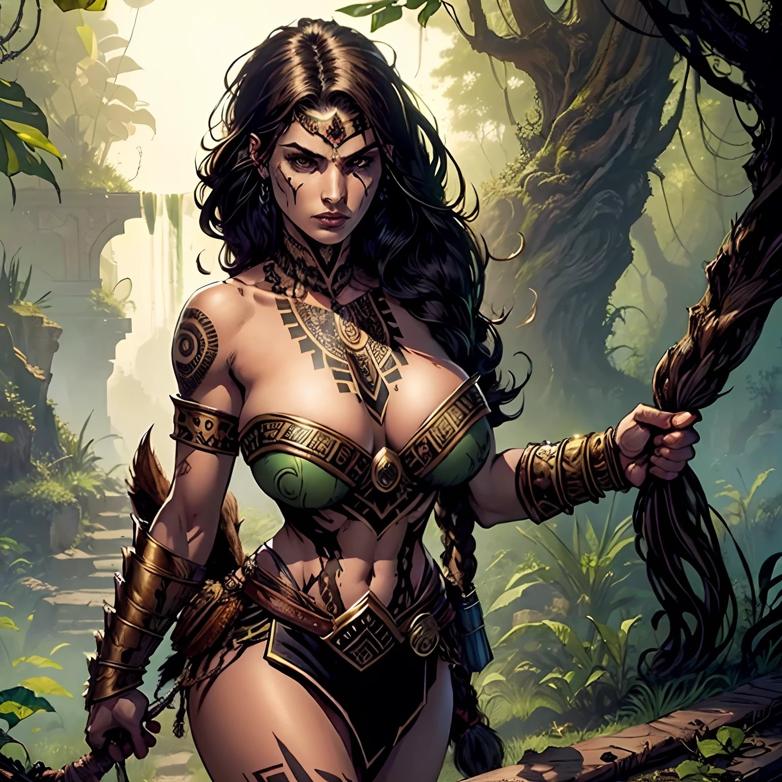(masterpiece, top quality, best quality, official art, beautiful and aesthetic:1.2), (1girl:1.3), dark brown hair pulled back, in an untidy mane, braids, extremely detailed, portrait, looking at viewer, solo, (full body:0.6), detailed background, close up, sweaty, sweating, ((facepaint, tribal tattoos)), (warm summer desert theme:1.1), busty human Aztec war queen, elegant face, long face, charlatan, smirk, mysterious, walking in jungle, revealing Aztec attire, ornate jade Aztec armor, feathers in hair, feathered armor, bare midriff, brown leather, fur lined clothes, long boots, buckles, straps, pouches, maquahuitl and shield, tan fabric, brown leather, gigantic breasts, skindentation, cleavage, muscular, strong, slim waist, slim hips, long legs, muscular legs, medieval (jungle exterior:1.1) background, dark mysterious lighting, shadows, magical atmosphere, dutch angle, (((Balsamique)))