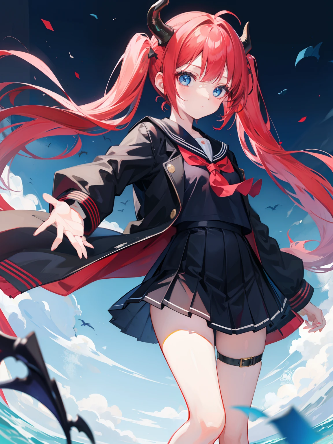 red hair, blue eyes, twintails, Sailor suit,black coat, Dragon horns,Pleated skirt,solo,,cute,bow