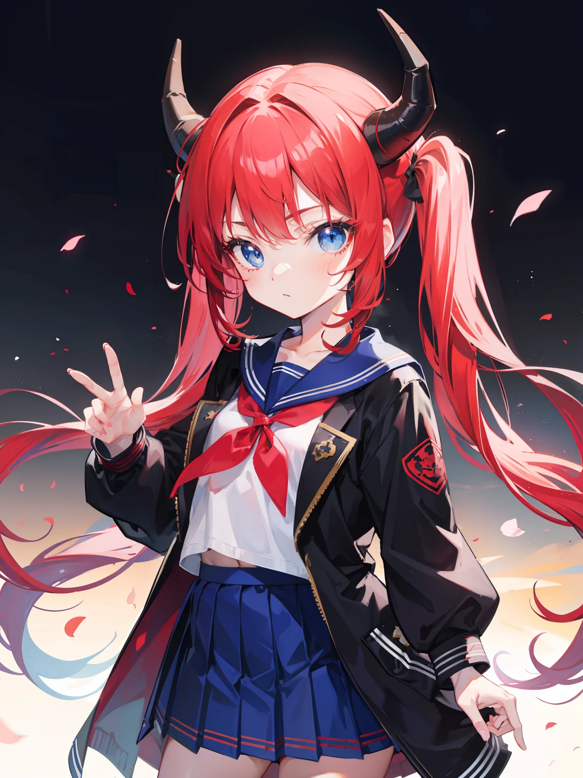 red hair, blue eyes, twintails, Sailor suit,black coat, Dragon horns,Pleated skirt,solo,li,cute,bow