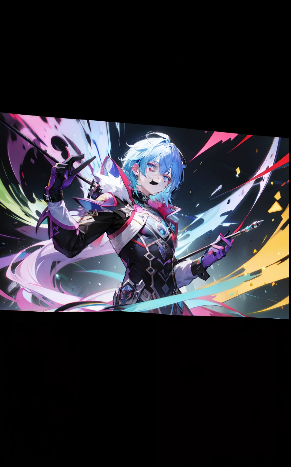 Colorful male powerhouse with pen as weapon