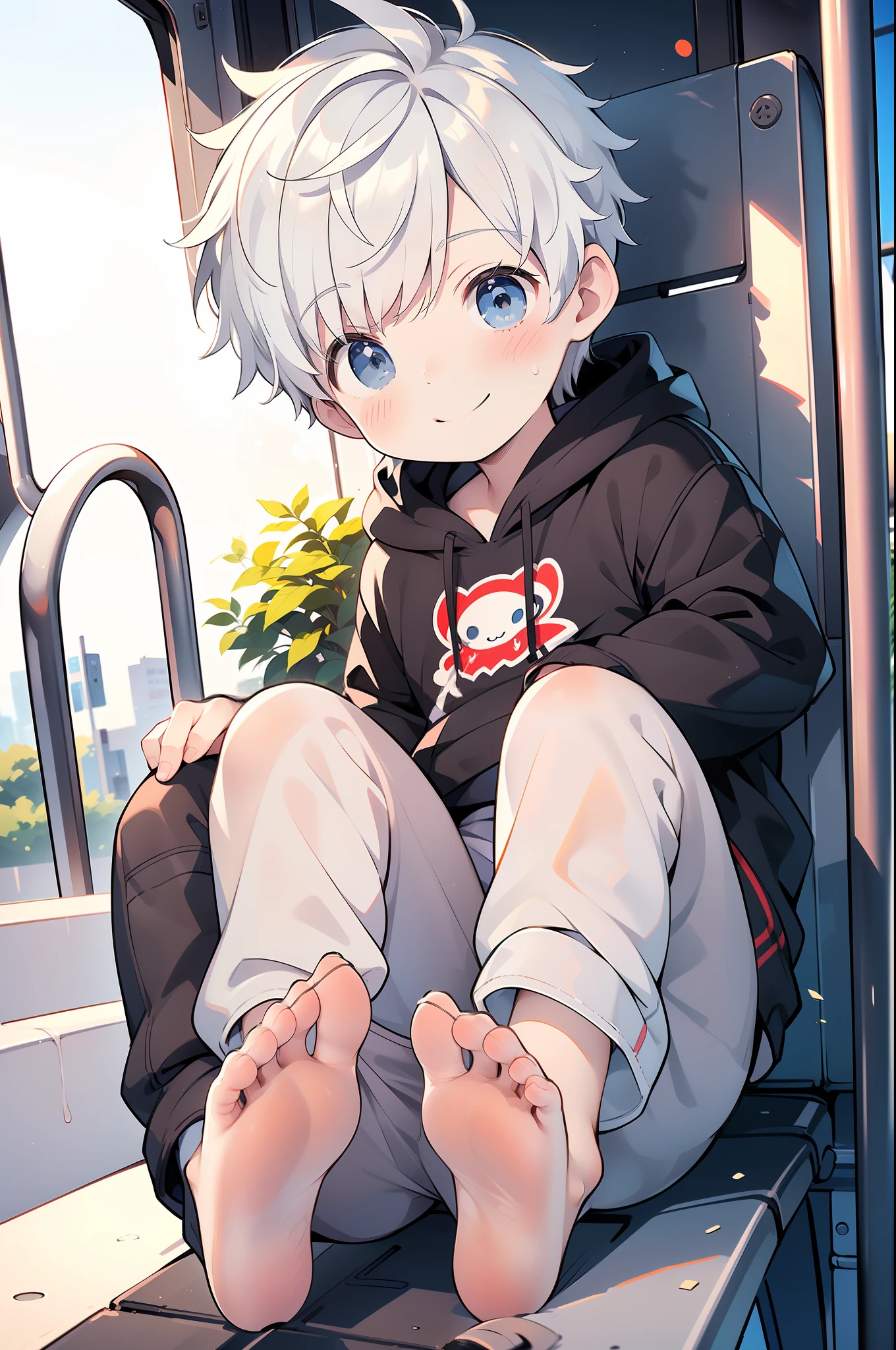 Masterpiece, chubby ********** with white hair and shiny bright blue eyes and barefoot wearing a hoodie, and oversized sweatpants sitting in a train, young, boy, child, small, toddler, soft light, (sweatpants:1.4), (Boy:1.4), (Shota:1.4), (Young:1.4), (Male:1.4), (smiling:1.4), (foot:1.4), (shy:1.4),